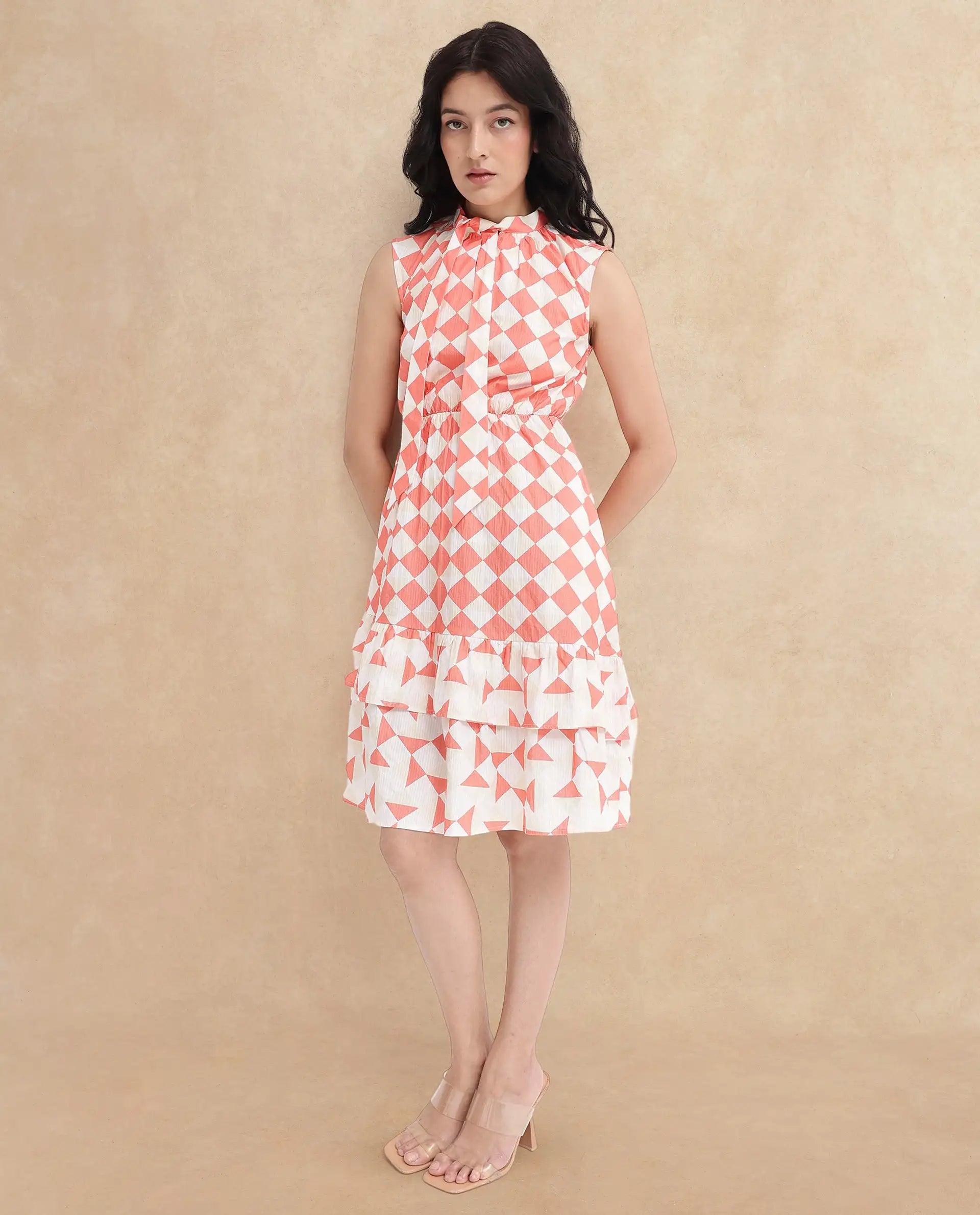 Rareism Women Juite Multi Sleeveless Tie Up Neck Tie Up Fit And Flare Geometric Print Knee Length Dress