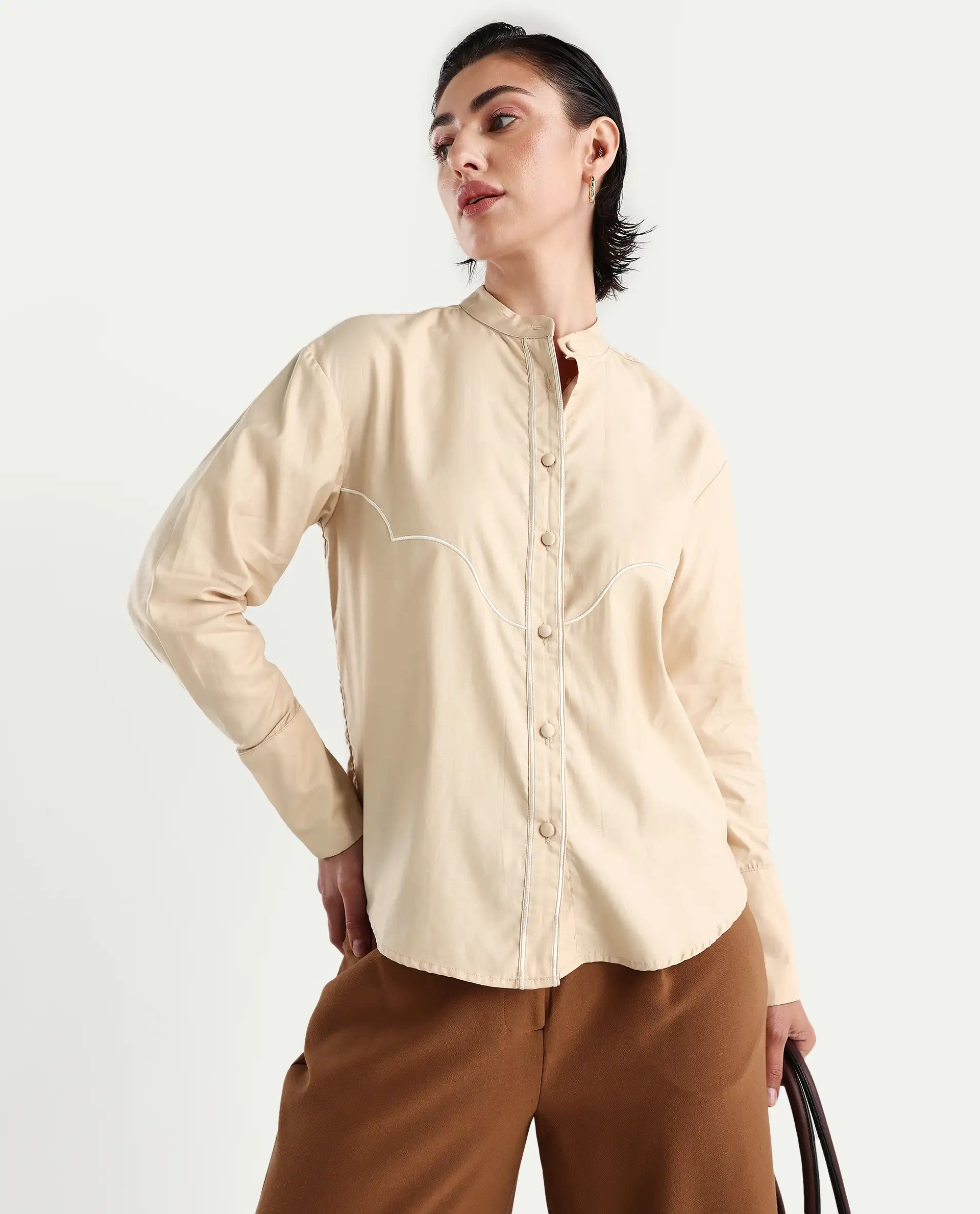 Rareism Women's Jujo Beige Cotton Blend Mandarin Collar Plain Cuffed Sleeve Regular Fit Shirt