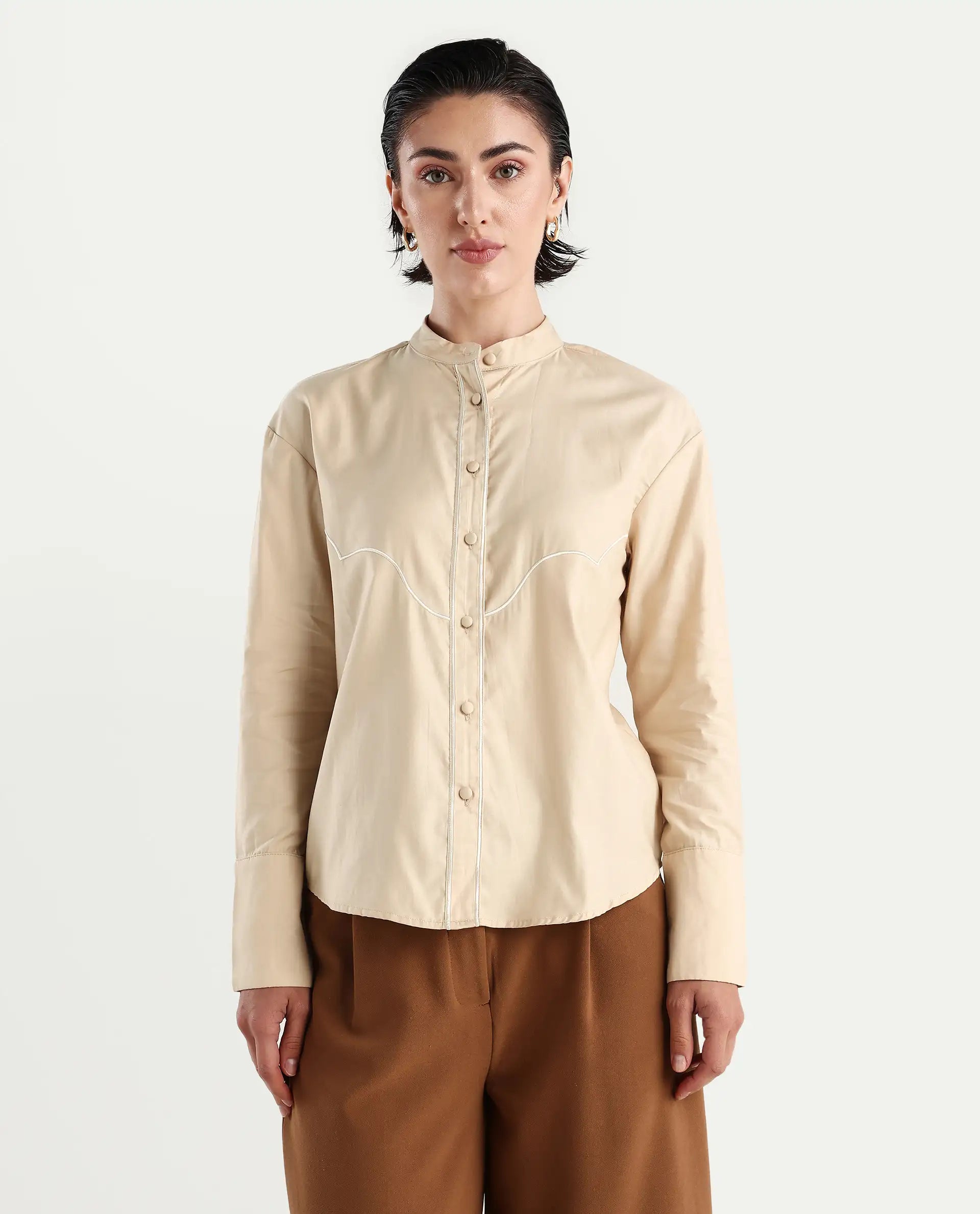 Rareism Women's Jujo Beige Cotton Blend Mandarin Collar Plain Cuffed Sleeve Regular Fit Shirt