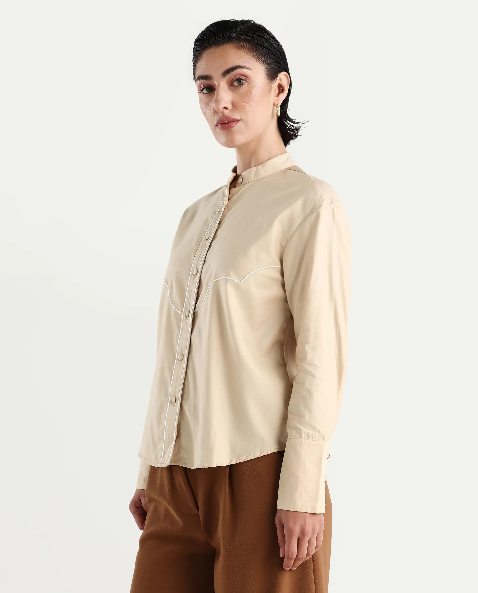 Rareism Women's Jujo Beige Cotton Blend Mandarin Collar Plain Cuffed Sleeve Regular Fit Shirt