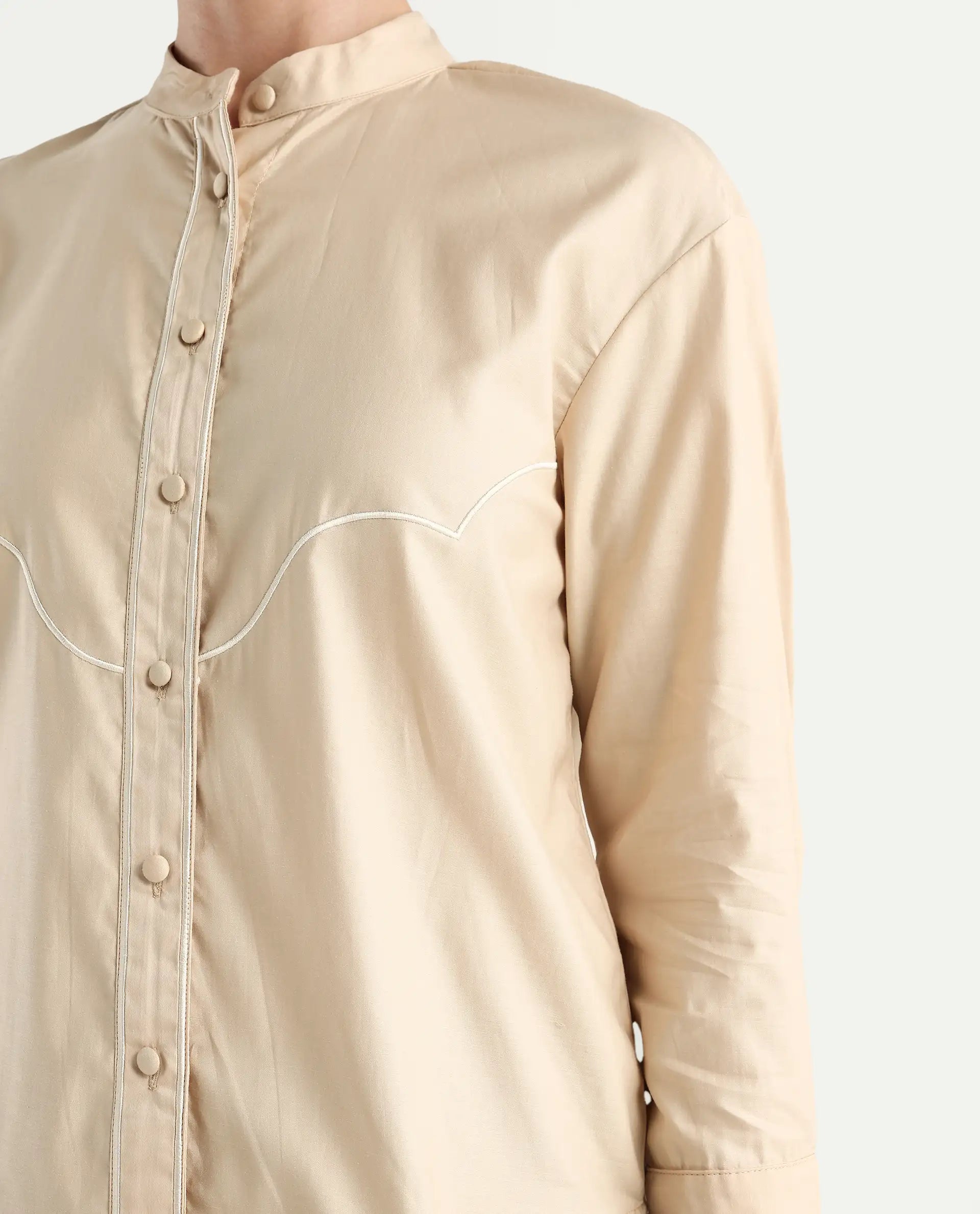 Rareism Women's Jujo Beige Cotton Blend Mandarin Collar Plain Cuffed Sleeve Regular Fit Shirt