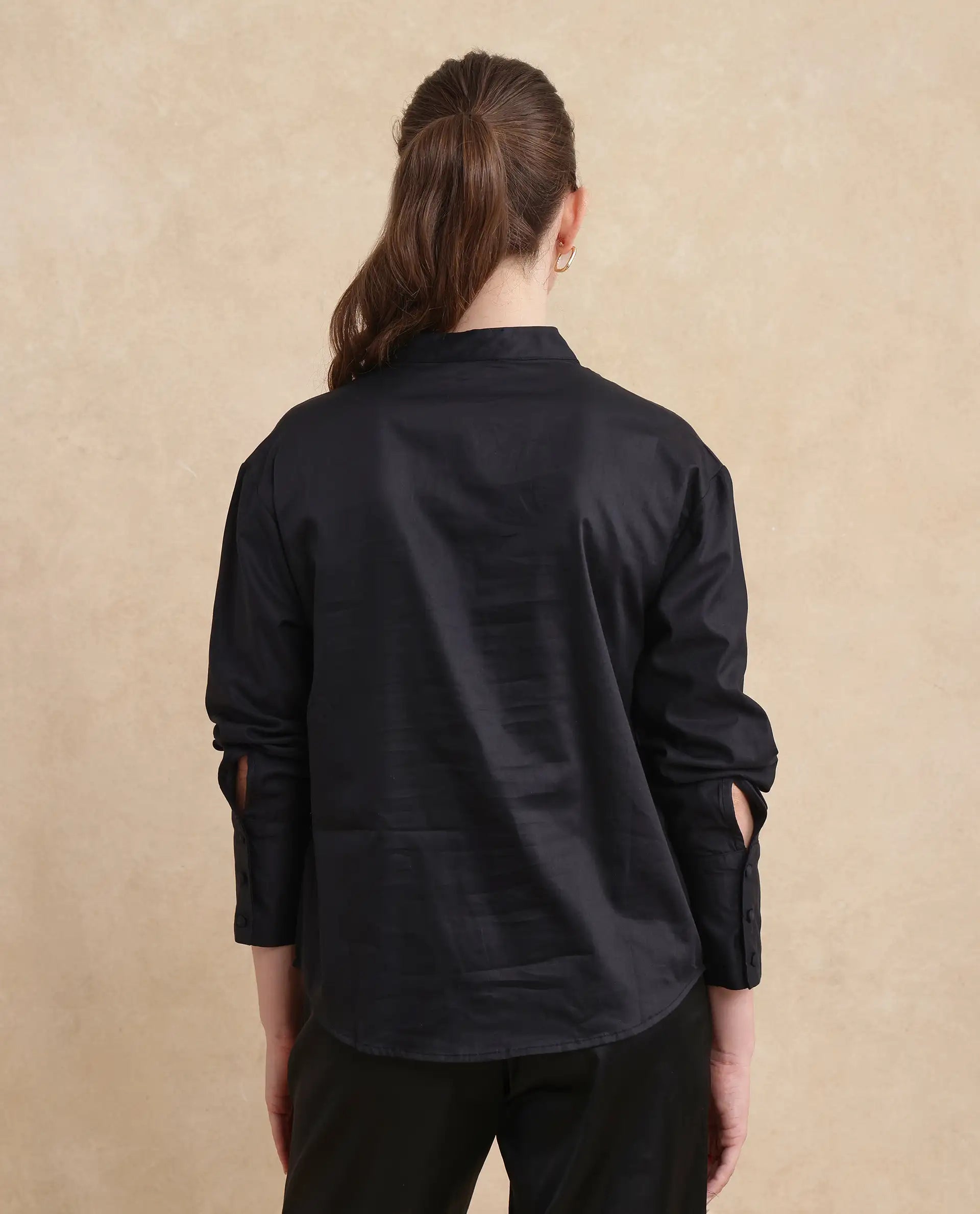 Rareism Women Jujo Dusky Black Cotton Satin Fabric Cuffed Sleeve Mandarin Collar Button Closure Plain Shirt