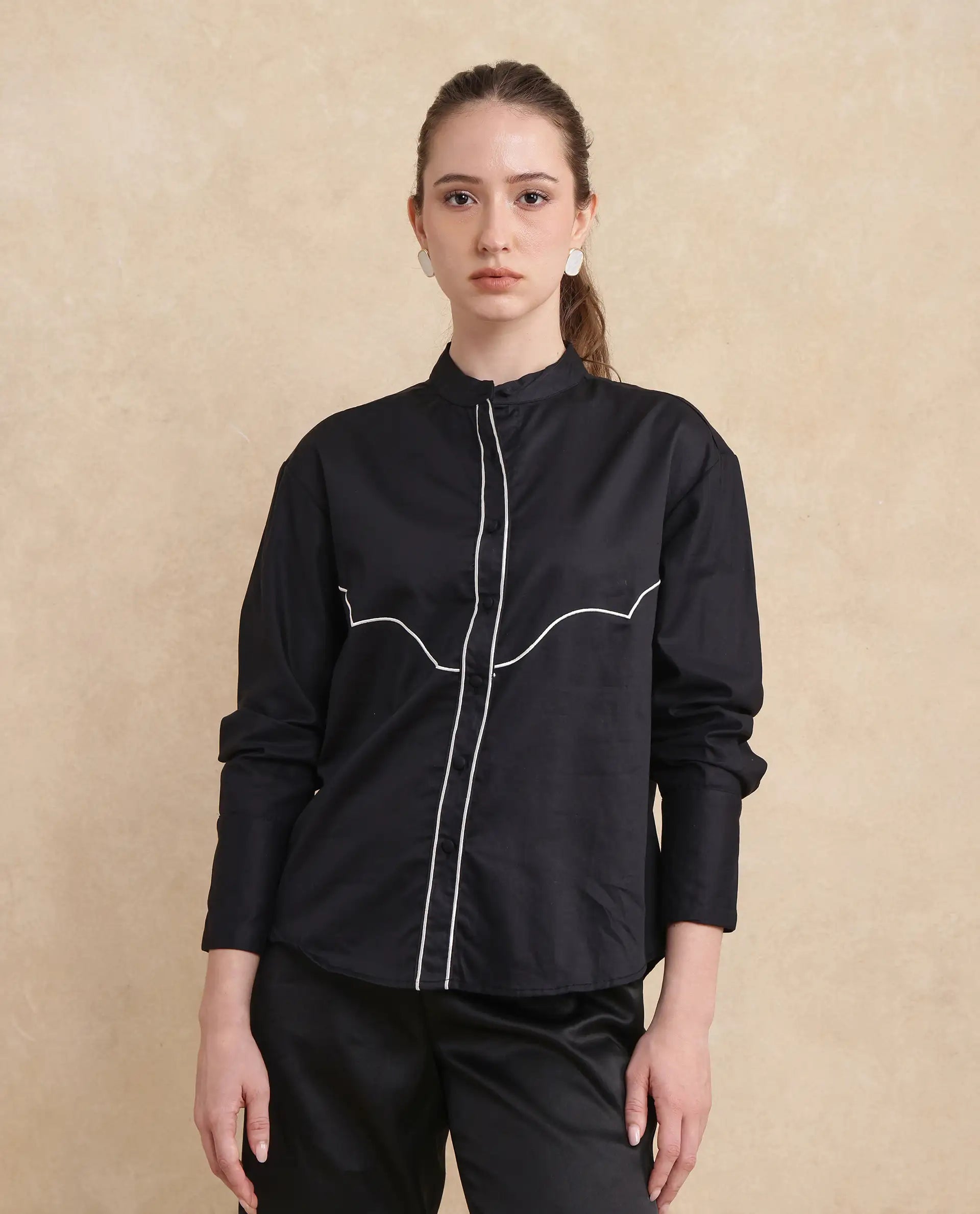 Rareism Women Jujo Dusky Black Cotton Satin Fabric Cuffed Sleeve Mandarin Collar Button Closure Plain Shirt