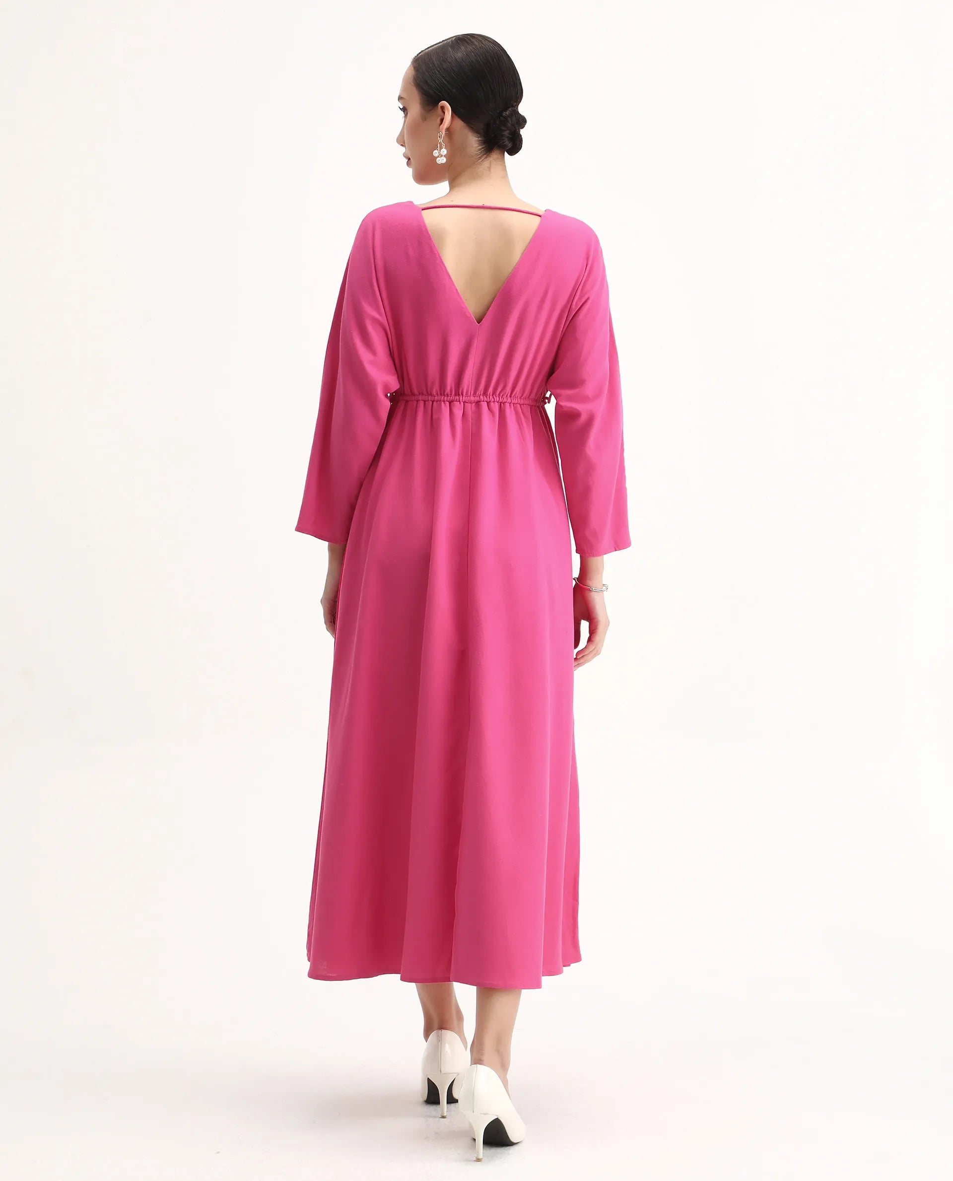 Rareism Women's Julan Pink Viscose Blend Kimono Sleeve V-Neck Fit And Flare Fit Plain Dress