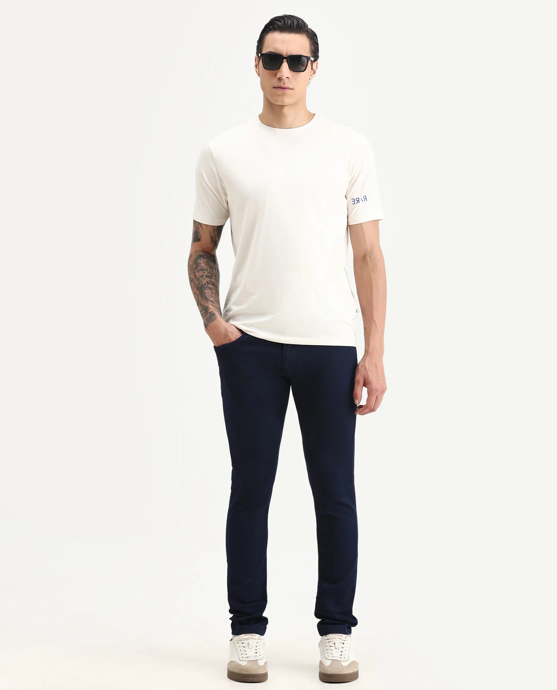 Rare Rabbit Men's Jules Blue Cotton Blend Plain Hawk Slim Fit Jeans