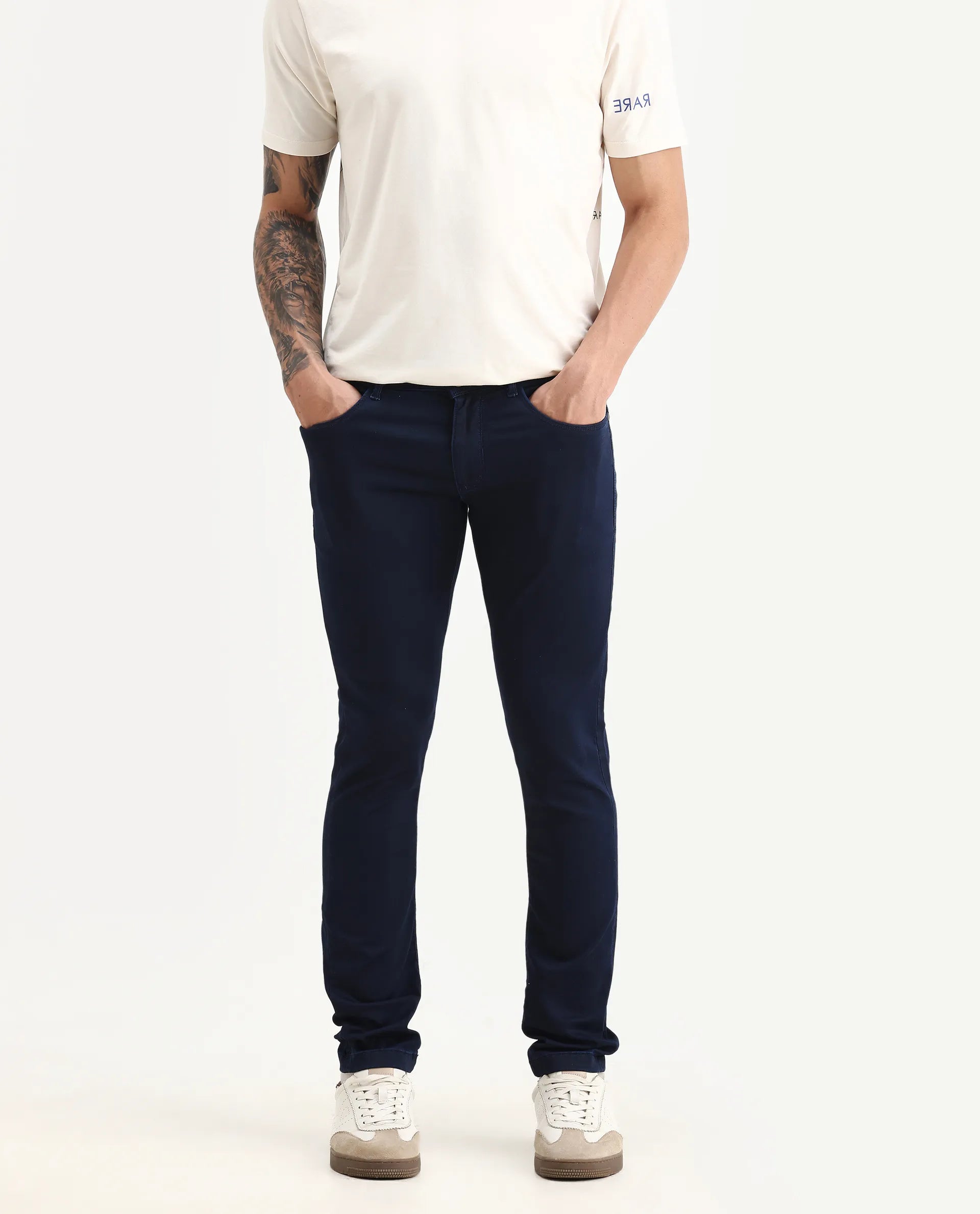 Rare Rabbit Men's Jules Blue Cotton Blend Plain Hawk Slim Fit Jeans