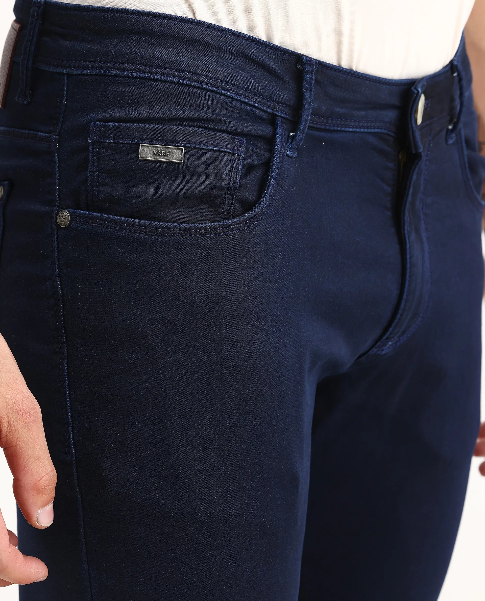 Rare Rabbit Men's Jules Blue Cotton Blend Plain Hawk Slim Fit Jeans