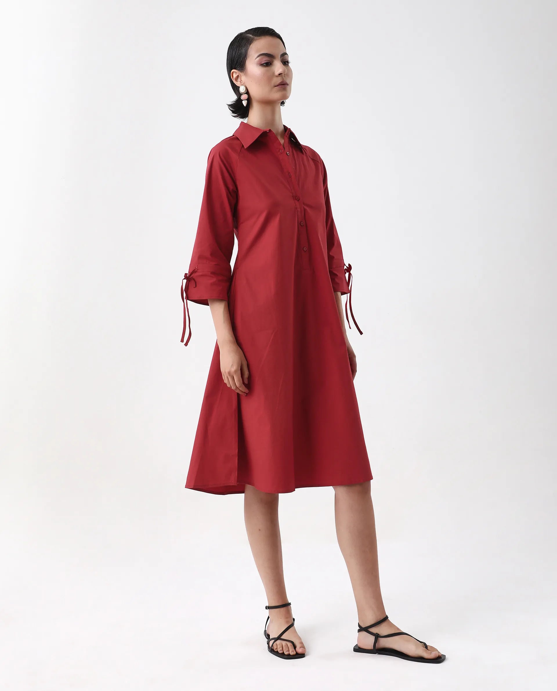 Rareism Women's Junb Dark Rust Cotton Blend Drop Collar Plain Raglan Sleeve Knee Length A-Line Dress