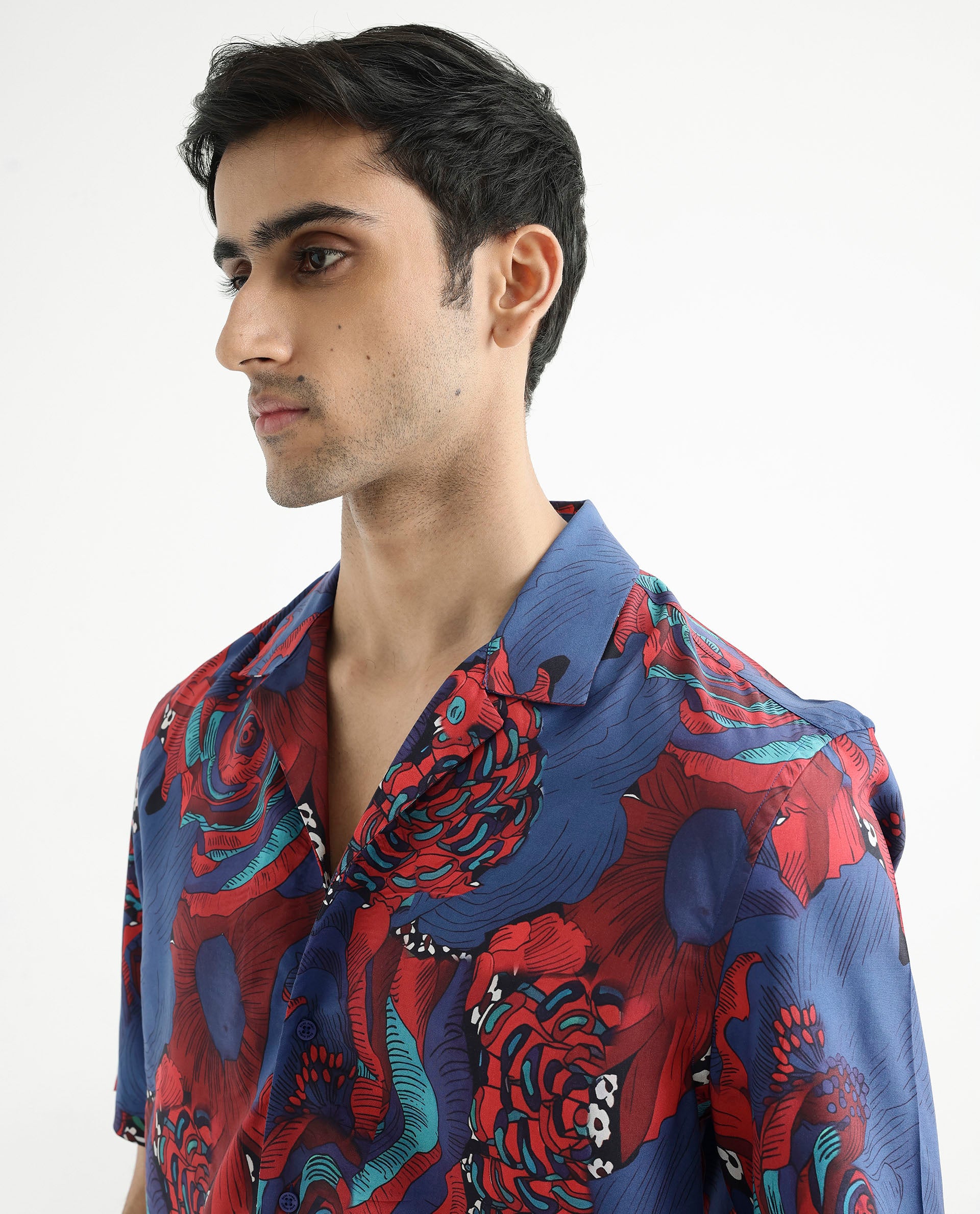 Rare Rabbit Men's Junee Blue Viscose Fabric Short Sleeve Cuban Collar Boxy Fit Floral Print Shirt