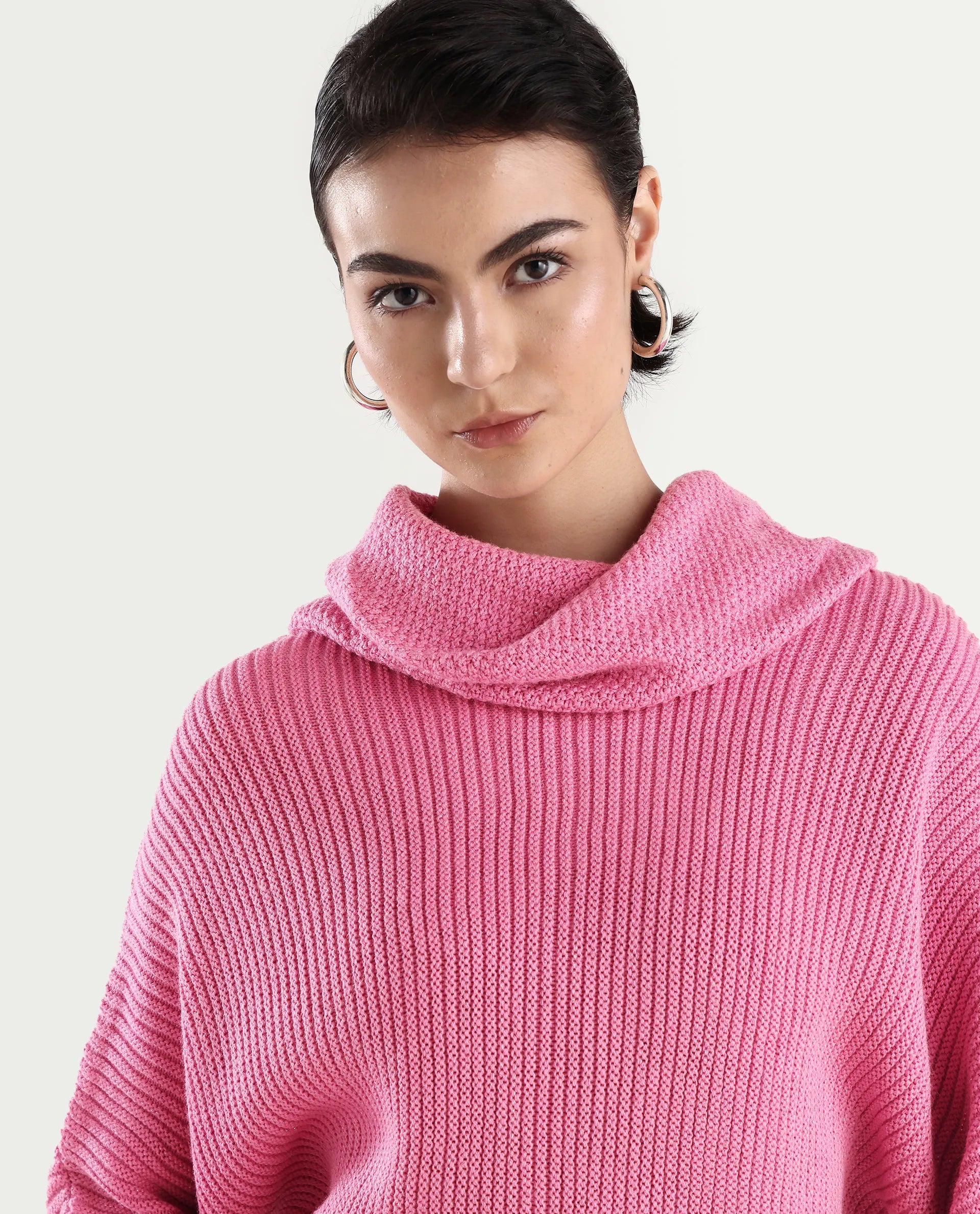 Rareism Women's June Pink Acrylic Turtle Neck Plain Kimono Sleeve Relaxed Fit Sweater
