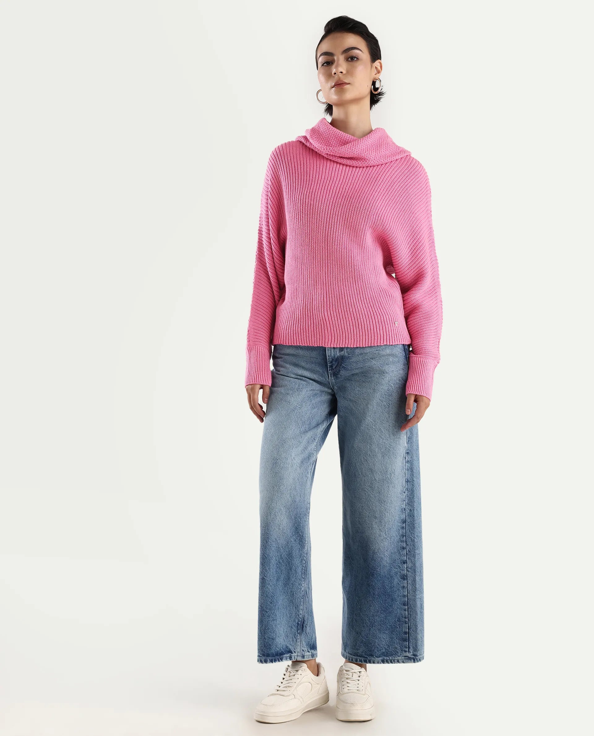 Rareism Women's June Pink Acrylic Turtle Neck Plain Kimono Sleeve Relaxed Fit Sweater