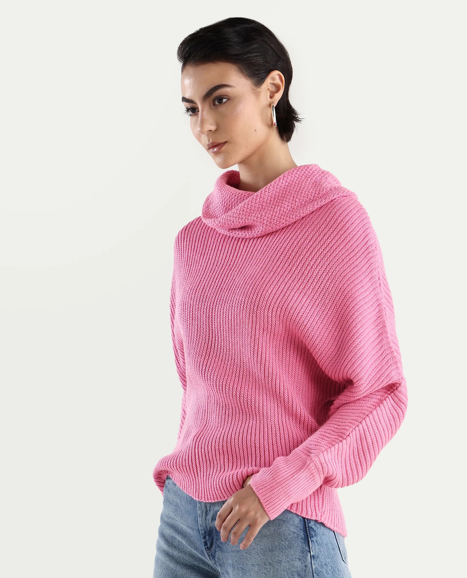 Rareism Women's June Pink Acrylic Turtle Neck Plain Kimono Sleeve Relaxed Fit Sweater