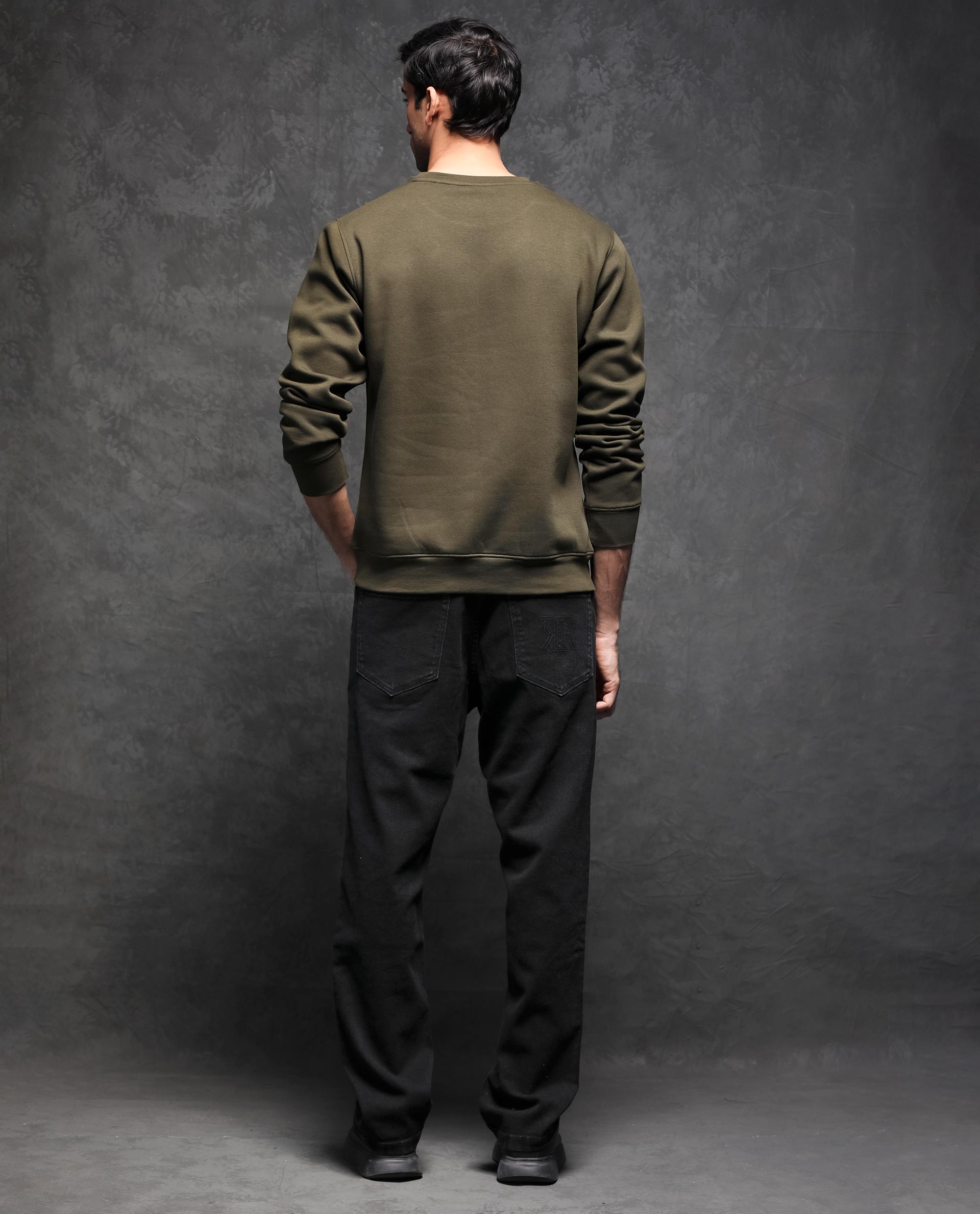 Rare Rabbit Men's Juanet Olive Cotton Polyester Fabric Full Sleeves Graphic Printed Logo Knitted Sweatshirt