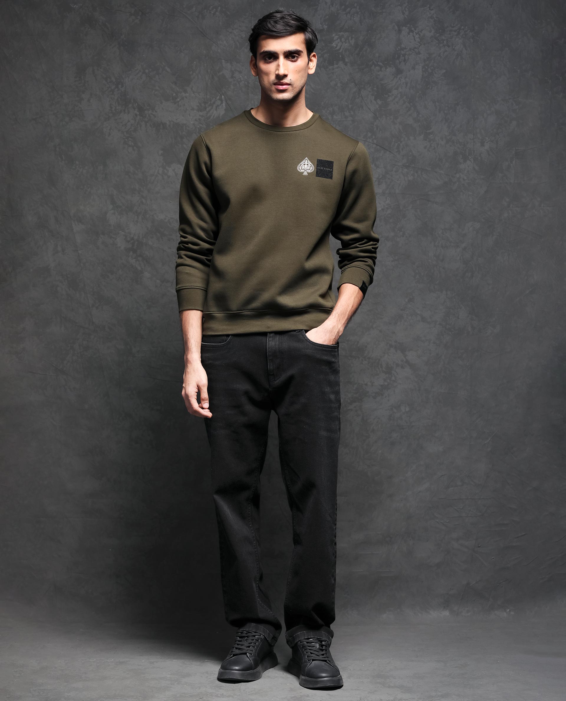 Rare Rabbit Men's Juanet Olive Cotton Polyester Fabric Full Sleeves Graphic Printed Logo Knitted Sweatshirt