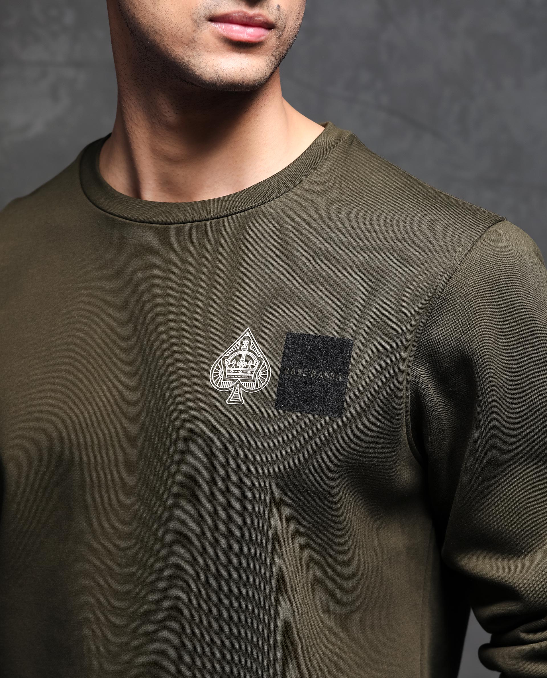 Rare Rabbit Men's Juanet Olive Cotton Polyester Fabric Full Sleeves Graphic Printed Logo Knitted Sweatshirt