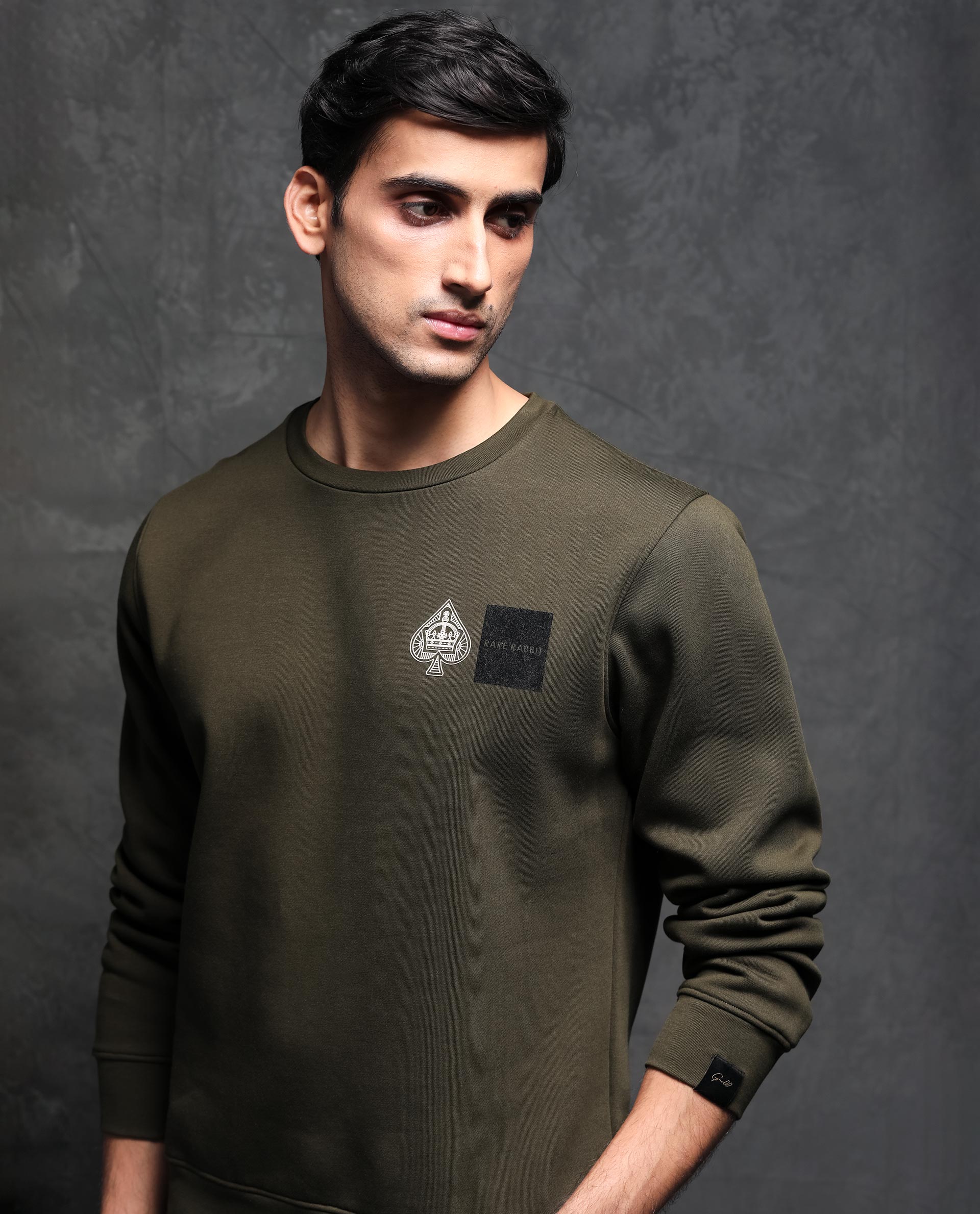Rare Rabbit Men's Juanet Olive Cotton Polyester Fabric Full Sleeves Graphic Printed Logo Knitted Sweatshirt