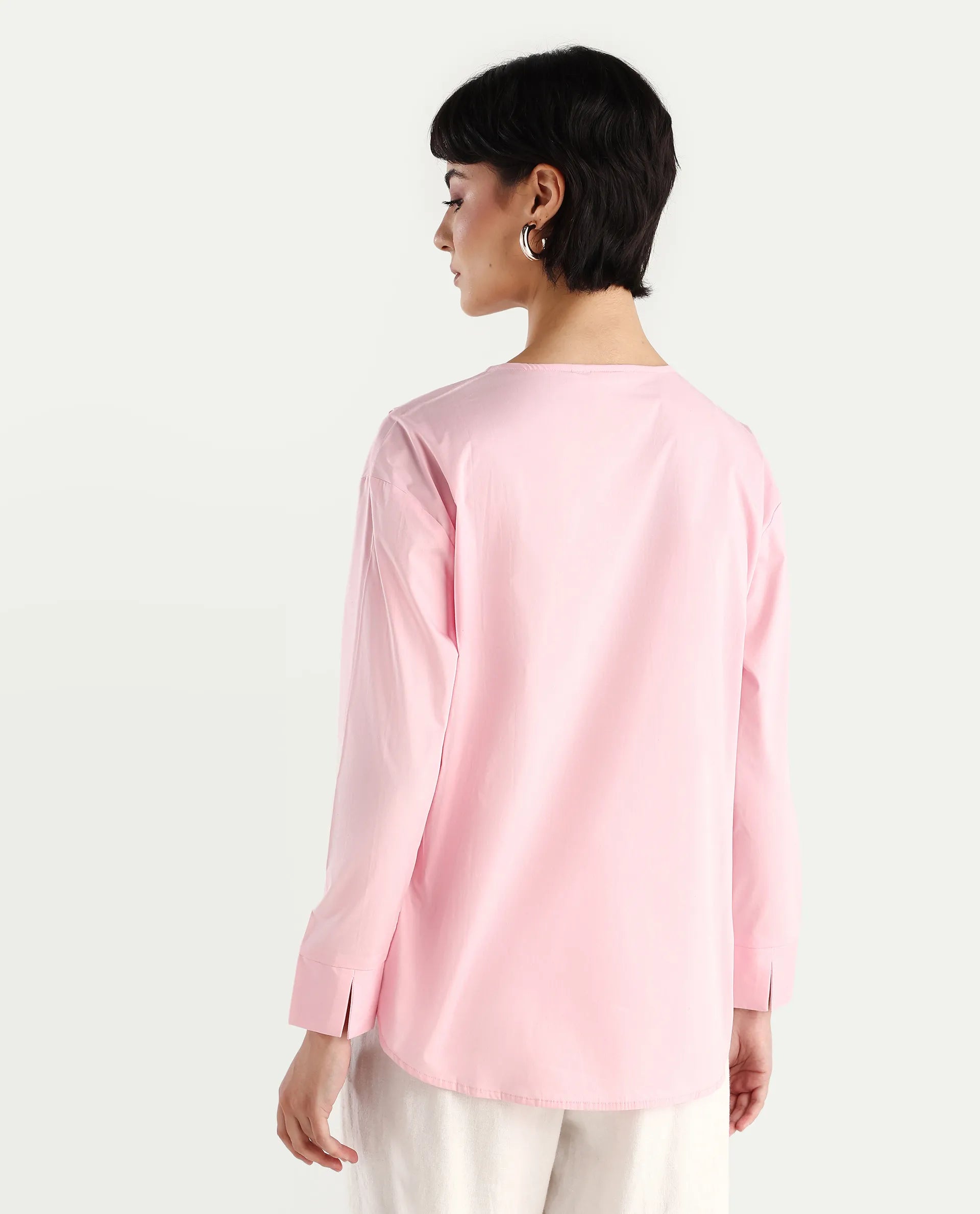 Rareism Women's Juniv Light Pink Cotton Blend Crew Neck Plain Cuffed Sleeve Regular Fit Top