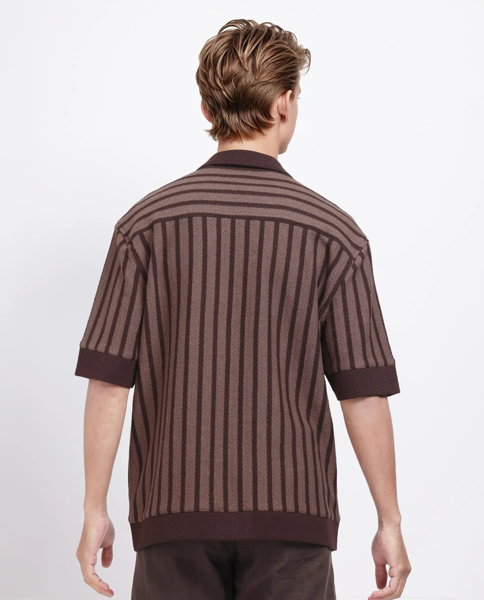 Rare Rabbit Men Juno Dark Brown Short Sleeve Cuban Collar Boxy Fit Striped Shirt