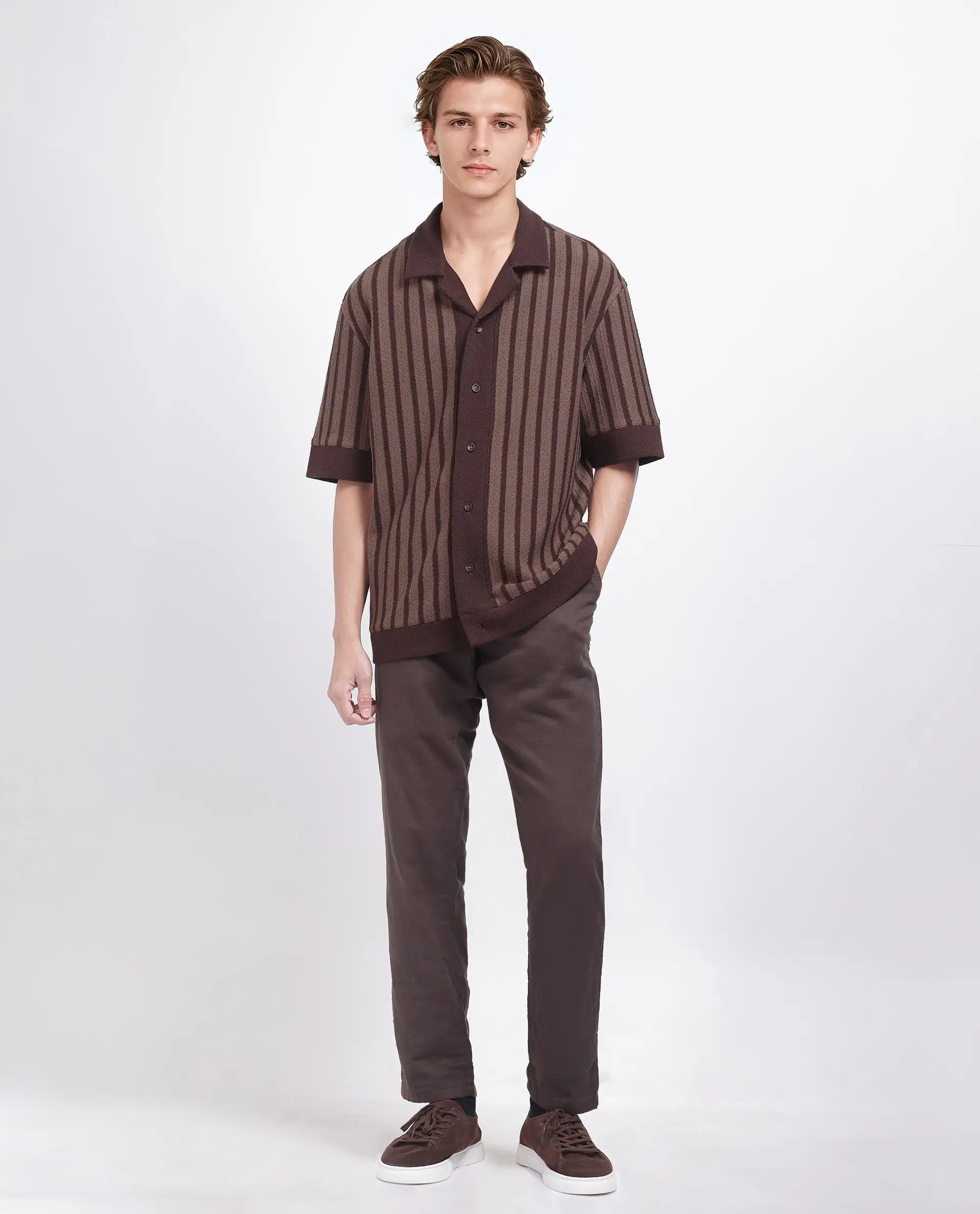 Rare Rabbit Men Juno Dark Brown Short Sleeve Cuban Collar Boxy Fit Striped Shirt