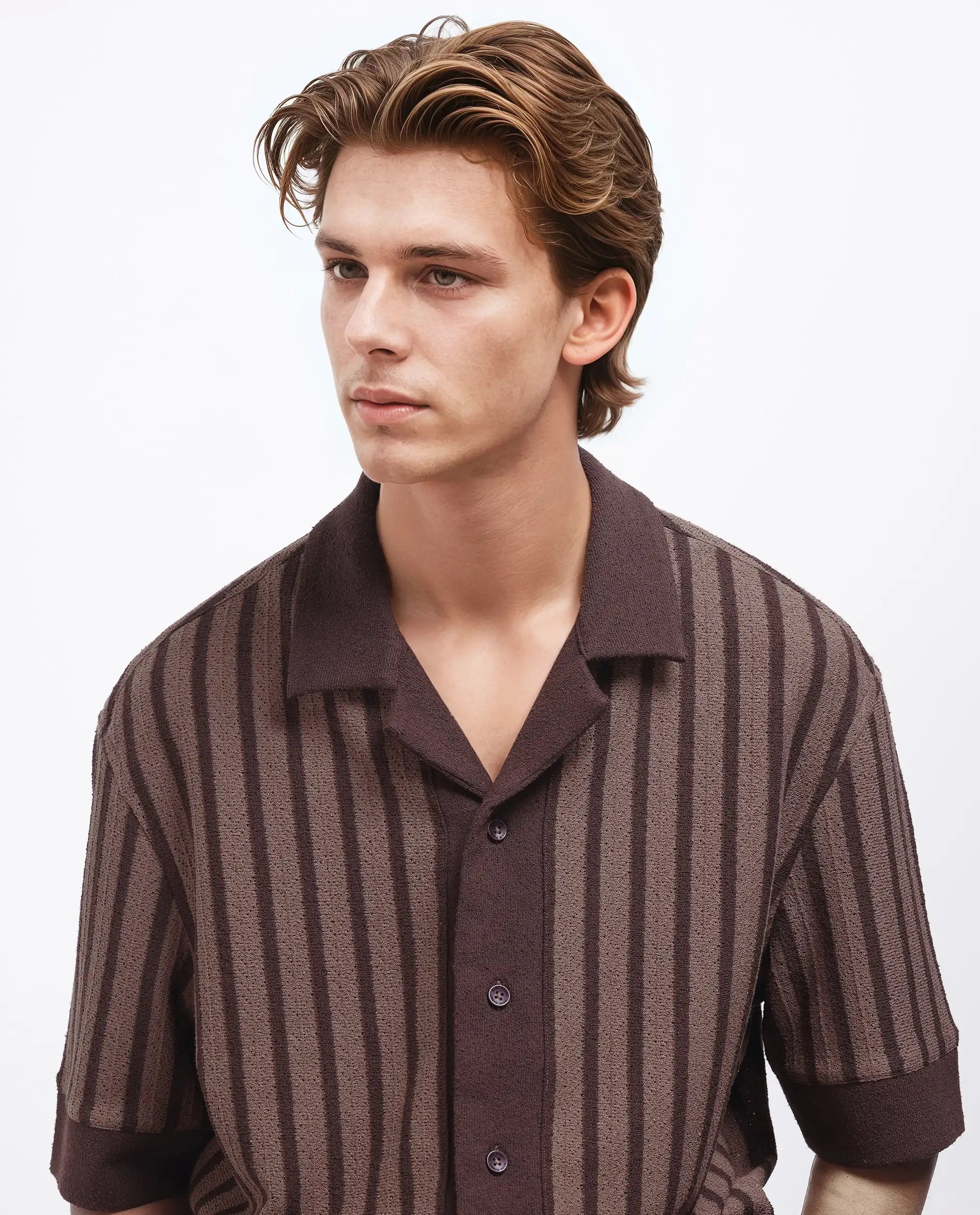 Rare Rabbit Men Juno Dark Brown Short Sleeve Cuban Collar Boxy Fit Striped Shirt