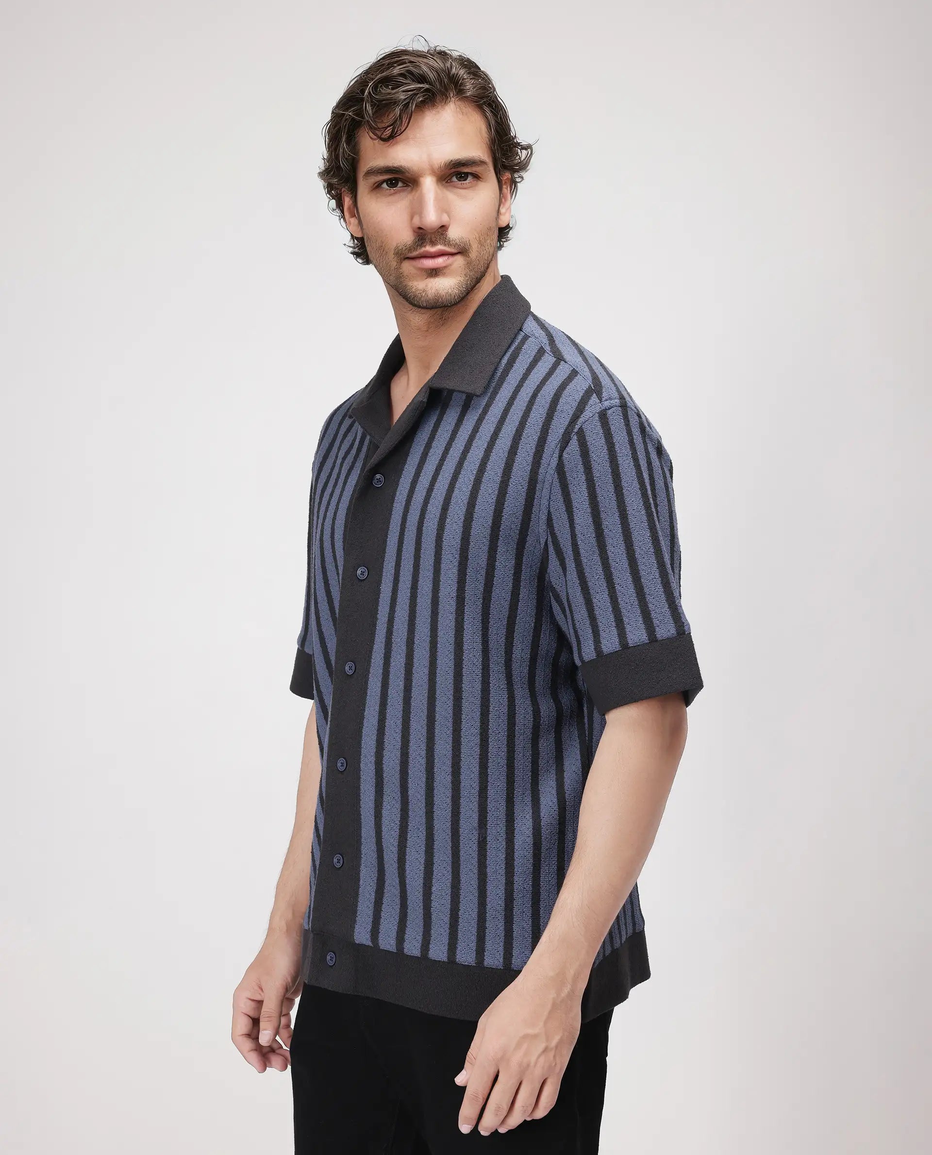 Rare Rabbit Men Juno Dusky Blue Short Sleeve Cuban Collar Boxy Fit Striped Shirt