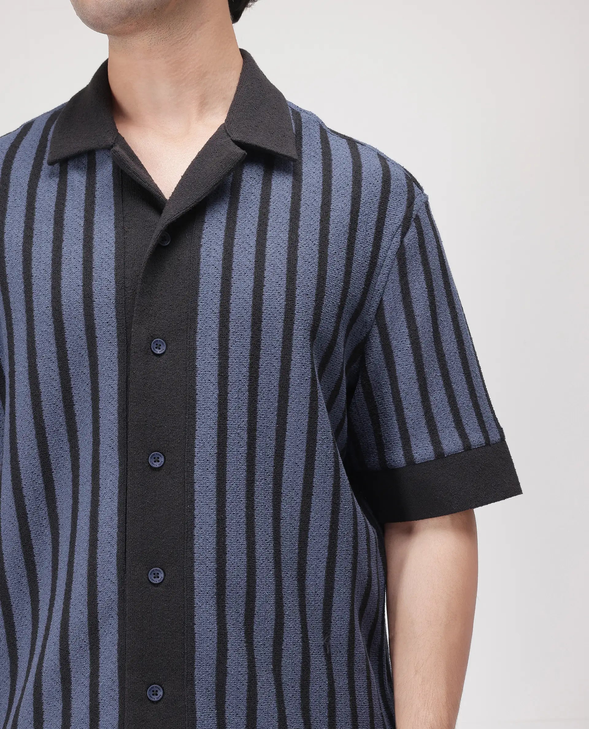 Rare Rabbit Men Juno Dusky Blue Short Sleeve Cuban Collar Boxy Fit Striped Shirt