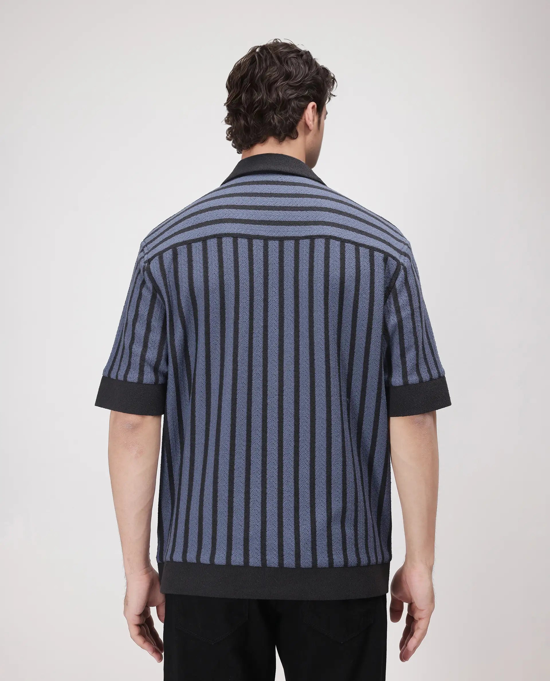 Rare Rabbit Men Juno Dusky Blue Short Sleeve Cuban Collar Boxy Fit Striped Shirt