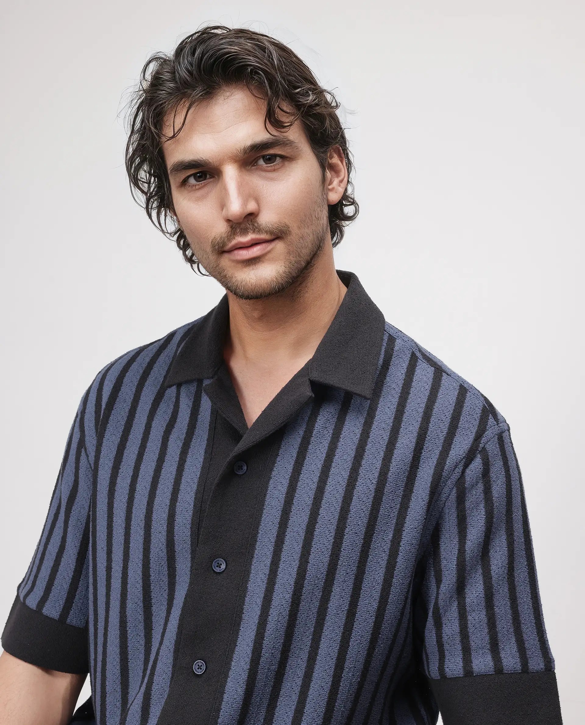 Rare Rabbit Men Juno Dusky Blue Short Sleeve Cuban Collar Boxy Fit Striped Shirt