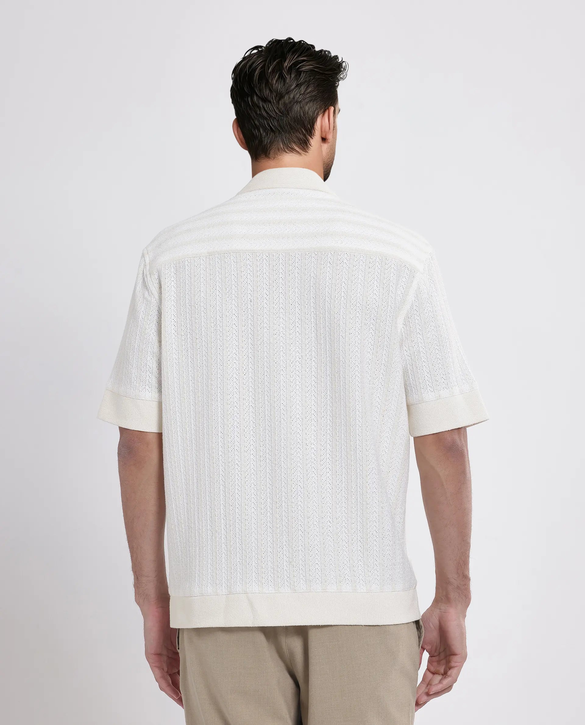 Rare Rabbit Men Juno Off White Short Sleeve Cuban Collar Boxy Fit Striped Shirt