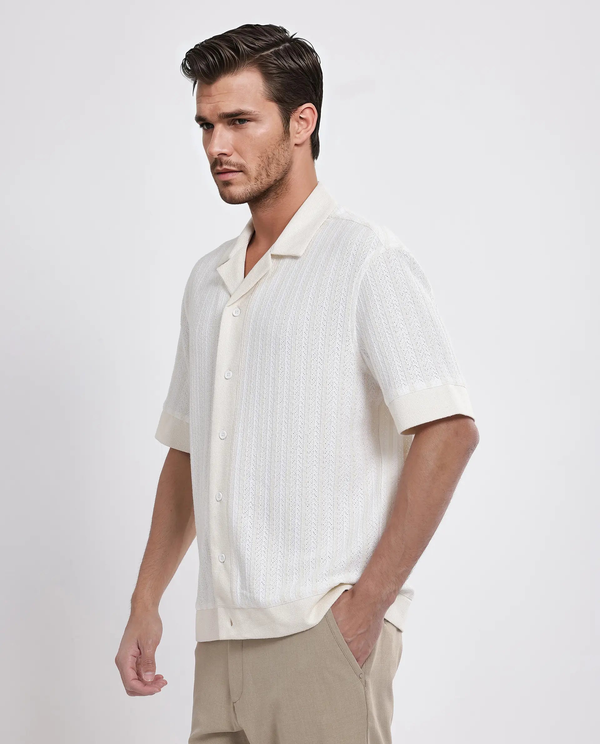 Rare Rabbit Men Juno Off White Short Sleeve Cuban Collar Boxy Fit Striped Shirt