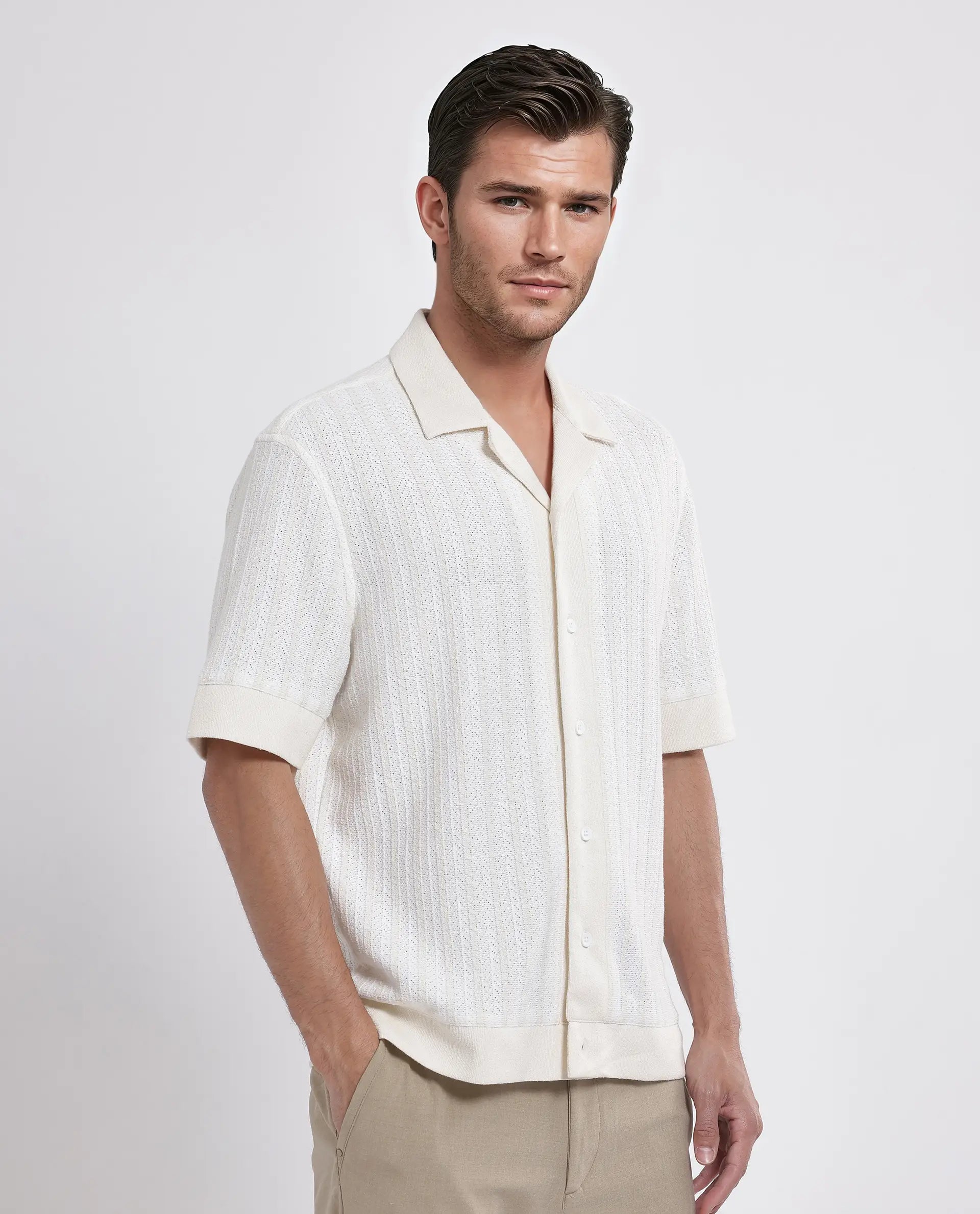 Rare Rabbit Men Juno Off White Short Sleeve Cuban Collar Boxy Fit Striped Shirt