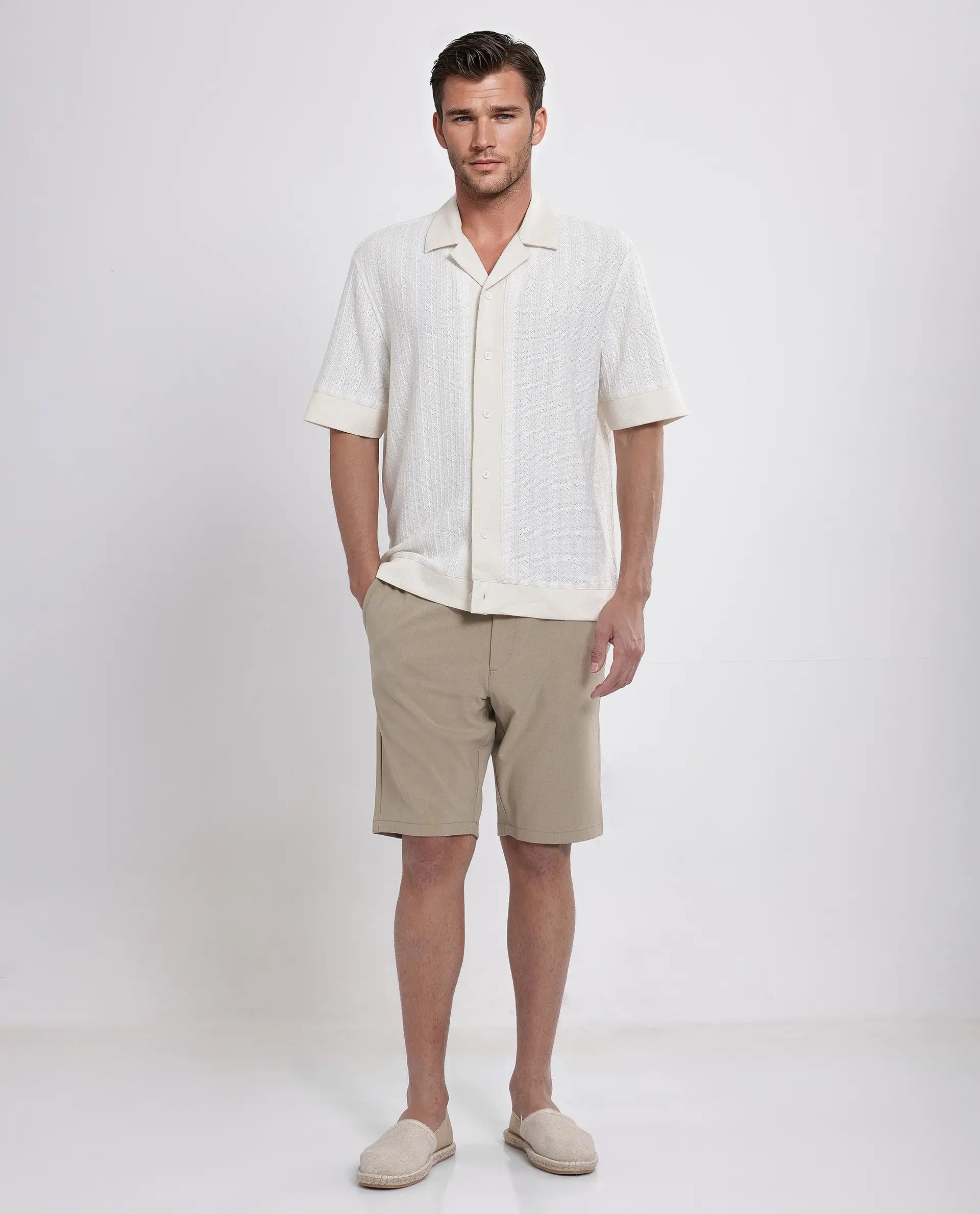 Rare Rabbit Men Juno Off White Short Sleeve Cuban Collar Boxy Fit Striped Shirt