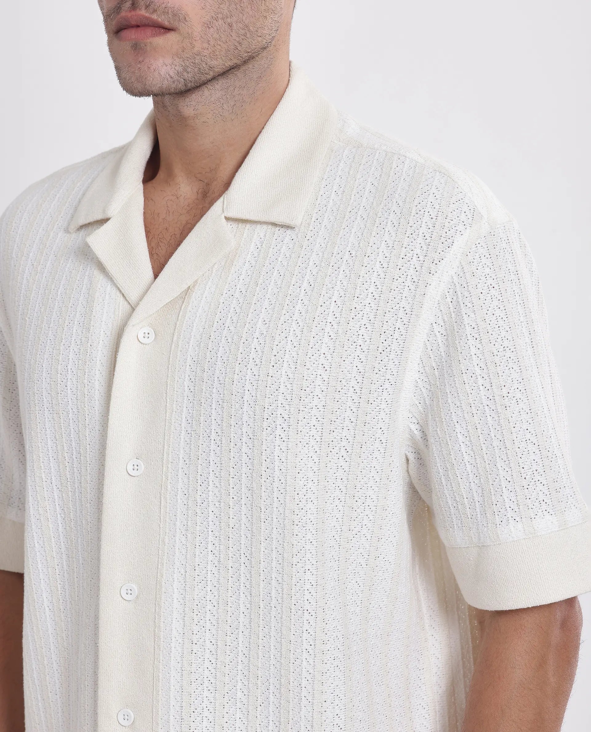 Rare Rabbit Men Juno Off White Short Sleeve Cuban Collar Boxy Fit Striped Shirt