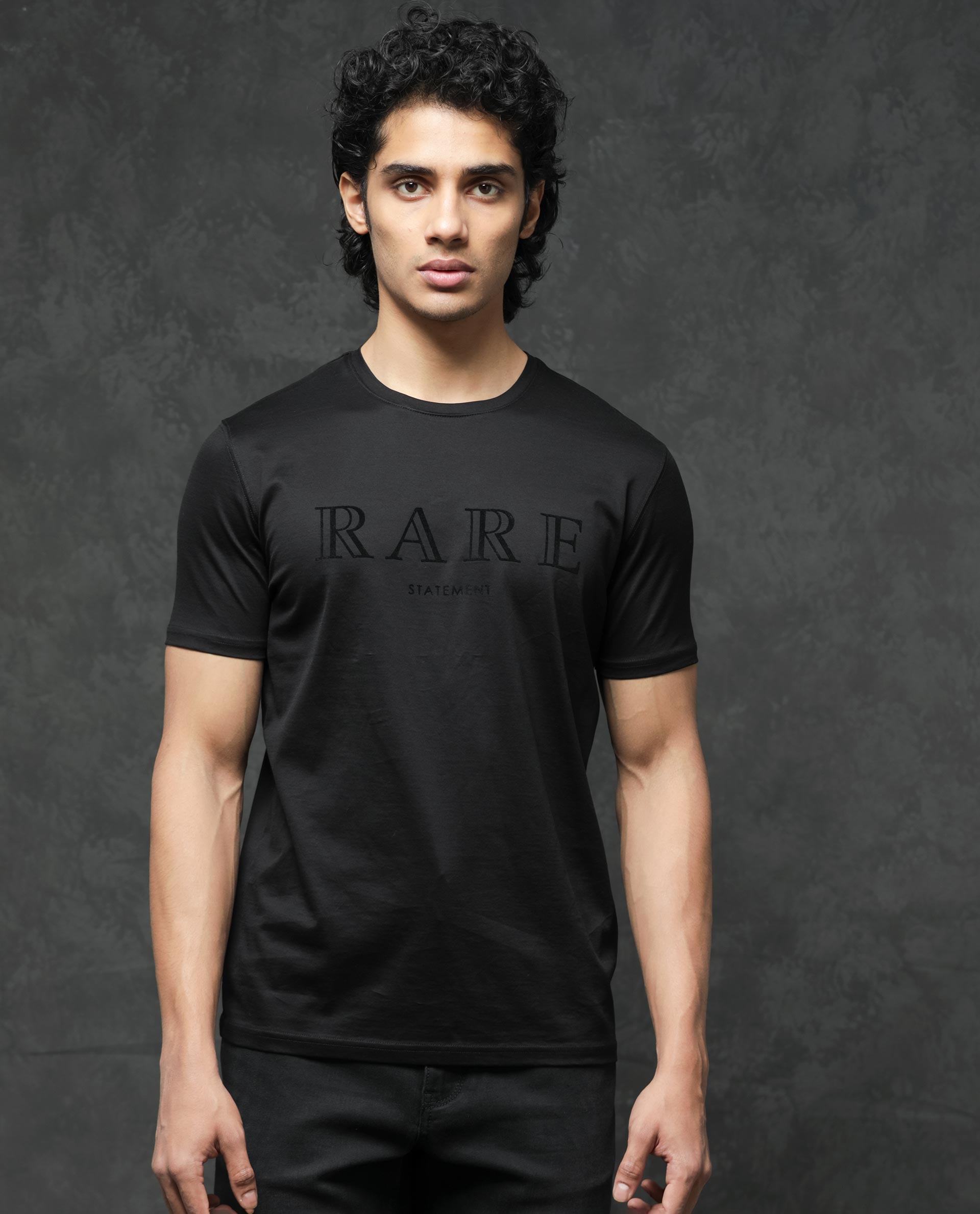 Rare Rabbit Mens Junot Black Cotton Lycra Fabric Short Sleeve Velvet Graphic Print T-Shirt