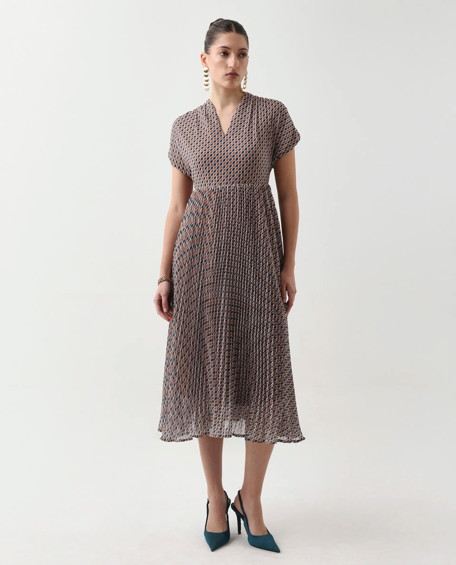 Rareism Women's Jurem Multi Polyester V-Neck Fit And Flare Printed Dress