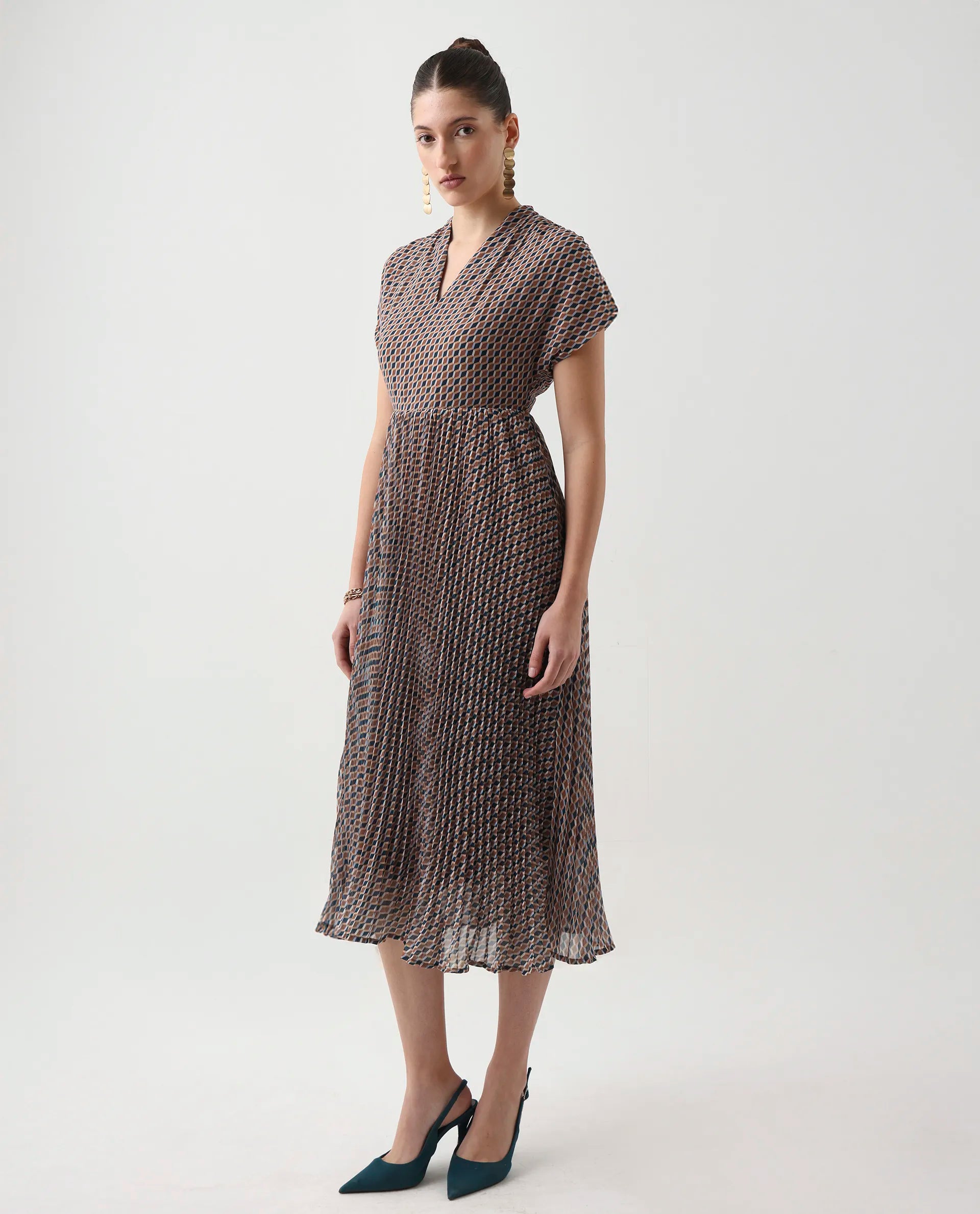 Rareism Women's Jurem Multi Polyester V-Neck Fit And Flare Printed Dress