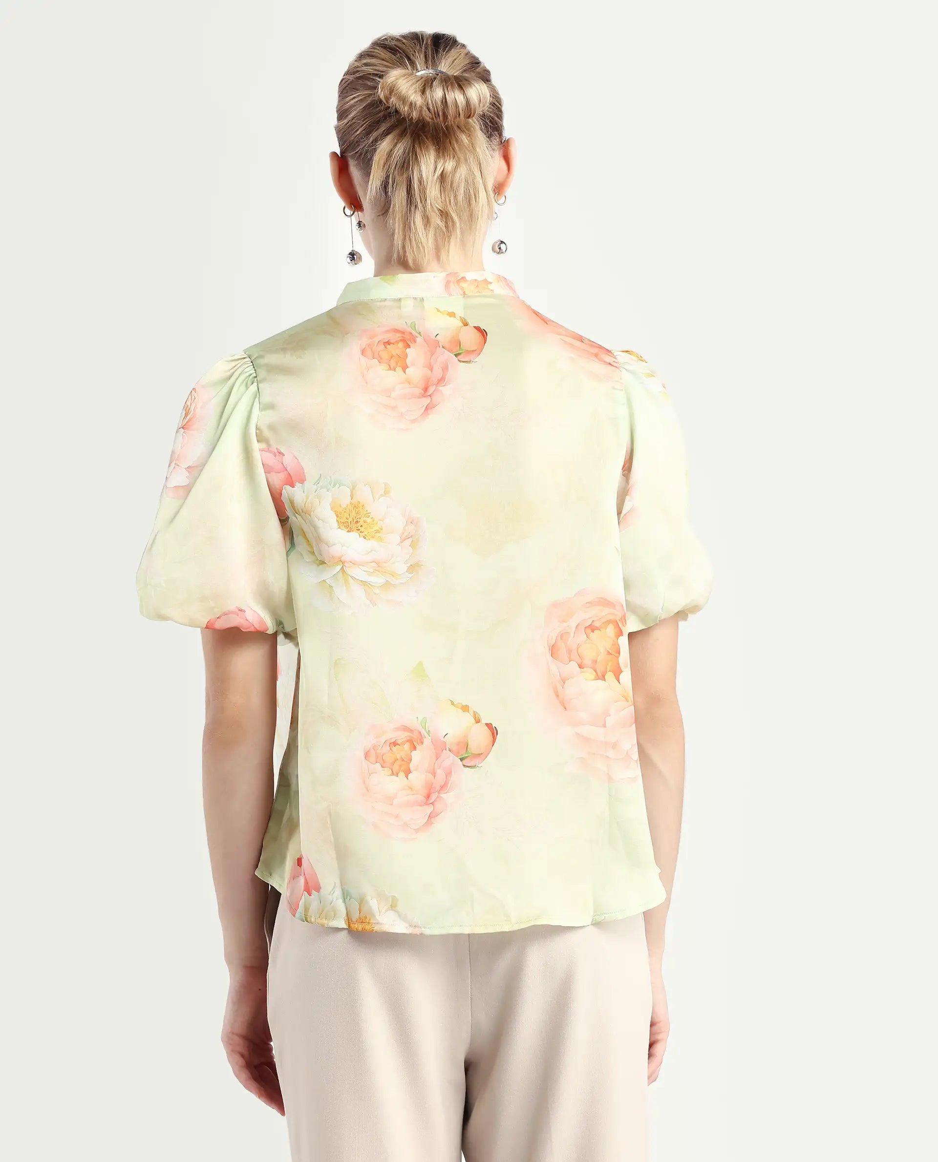 Rareism Women's Jurino Light Green Polyester Mandarin Collar Floral Print Balloon Sleeve Regular Fit Top