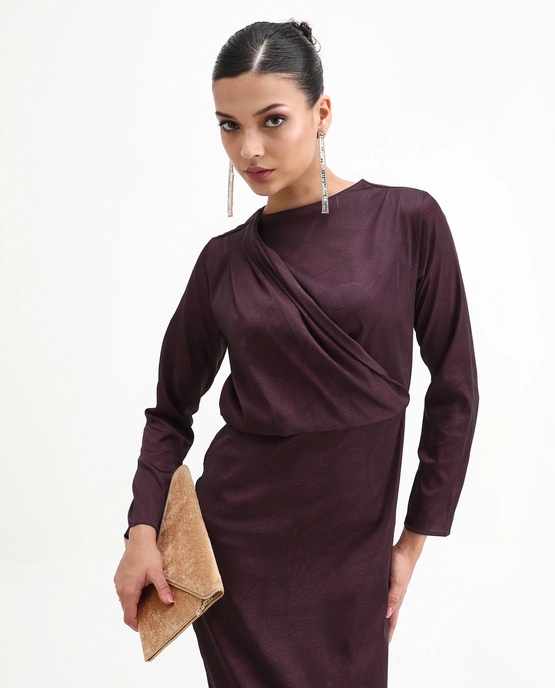 Rareism Women's Jusat Maroon Polyester Cowl Neck Straight Fit Dress
