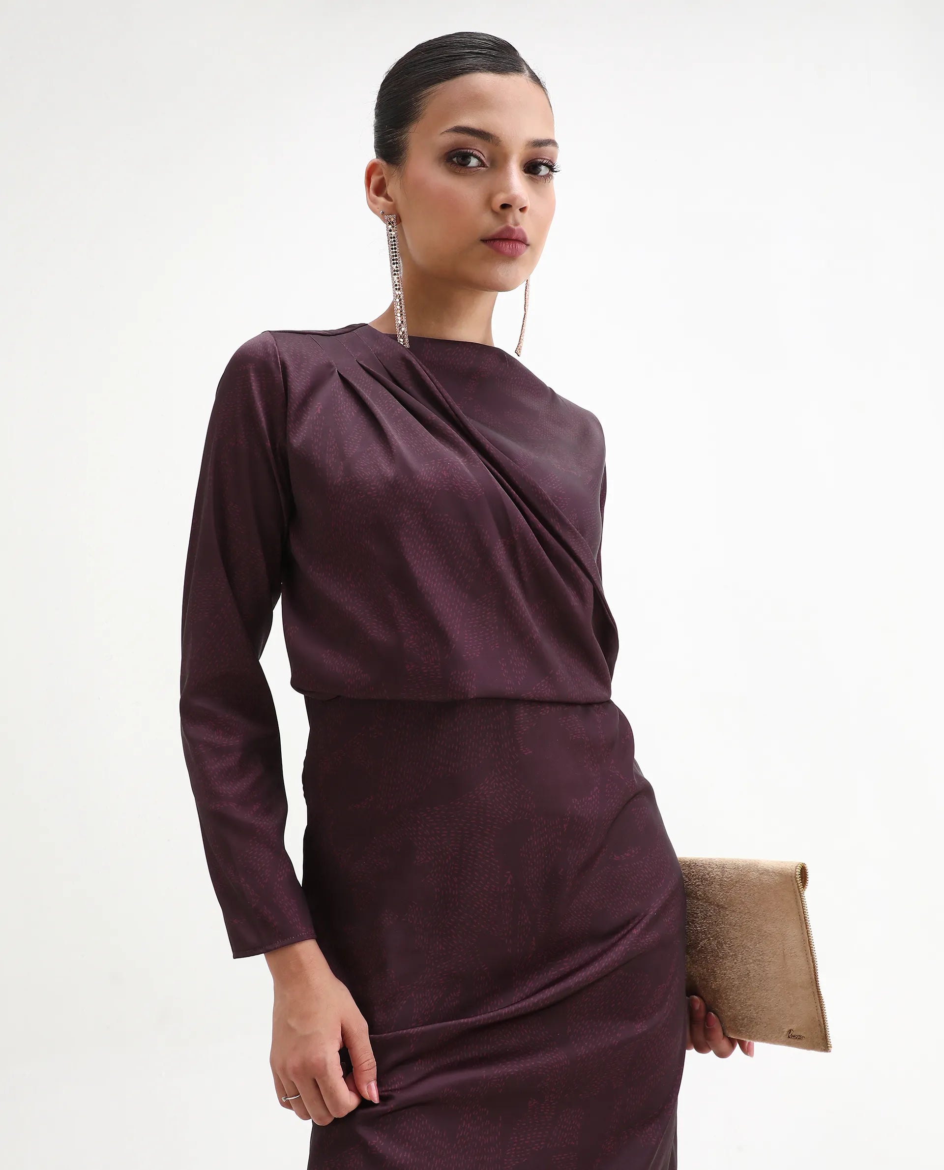 Rareism Women's Jusat Maroon Polyester Cowl Neck Straight Fit Dress