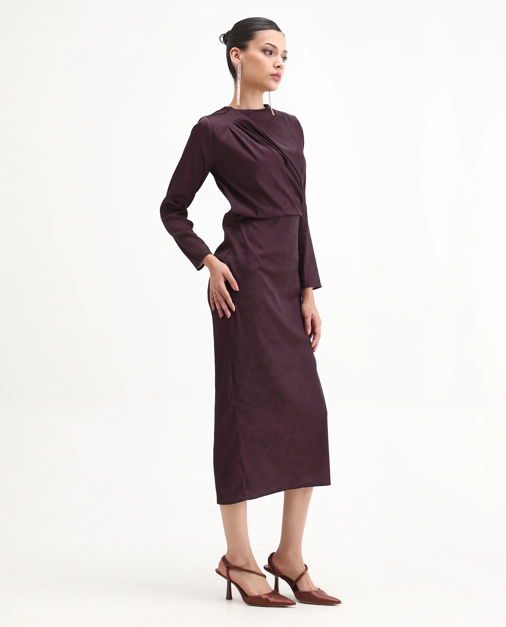 Rareism Women's Jusat Maroon Polyester Cowl Neck Straight Fit Dress