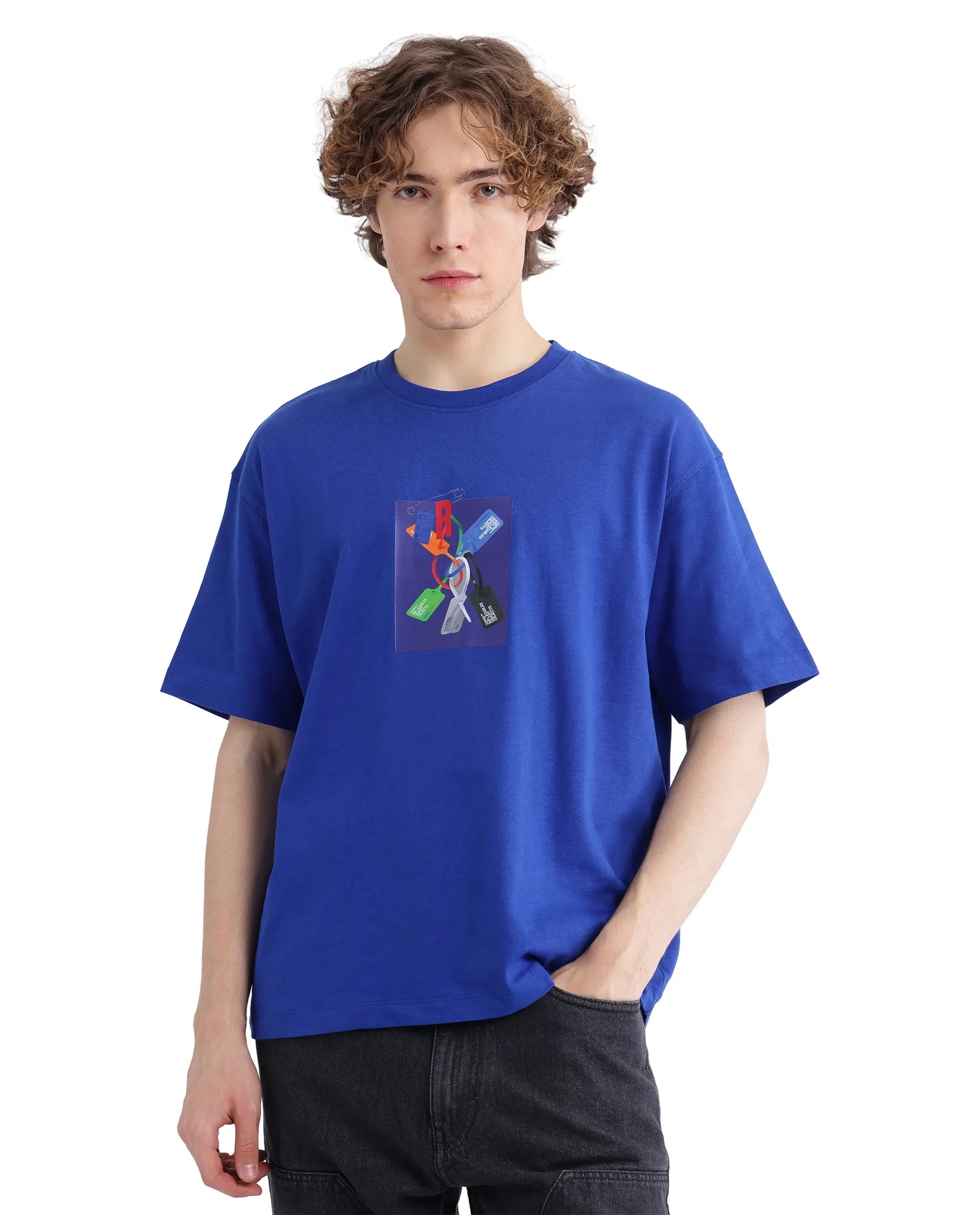 Rare Rabbit Men Just Blue Cotton Fabric Short Sleeve Crew Neck Boxy Fit Graphic Print T-Shirt