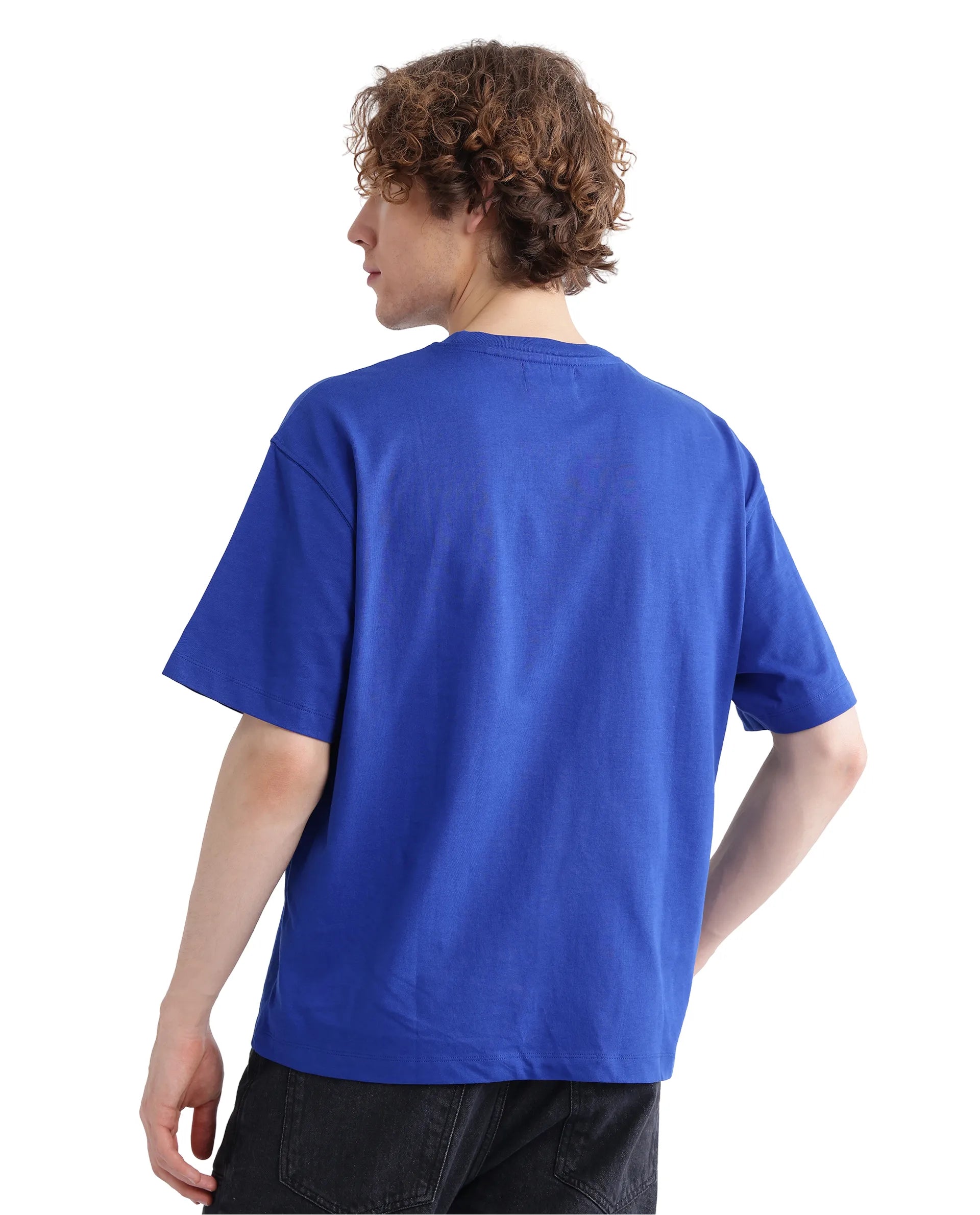 Rare Rabbit Men Just Blue Cotton Fabric Short Sleeve Crew Neck Boxy Fit Graphic Print T-Shirt