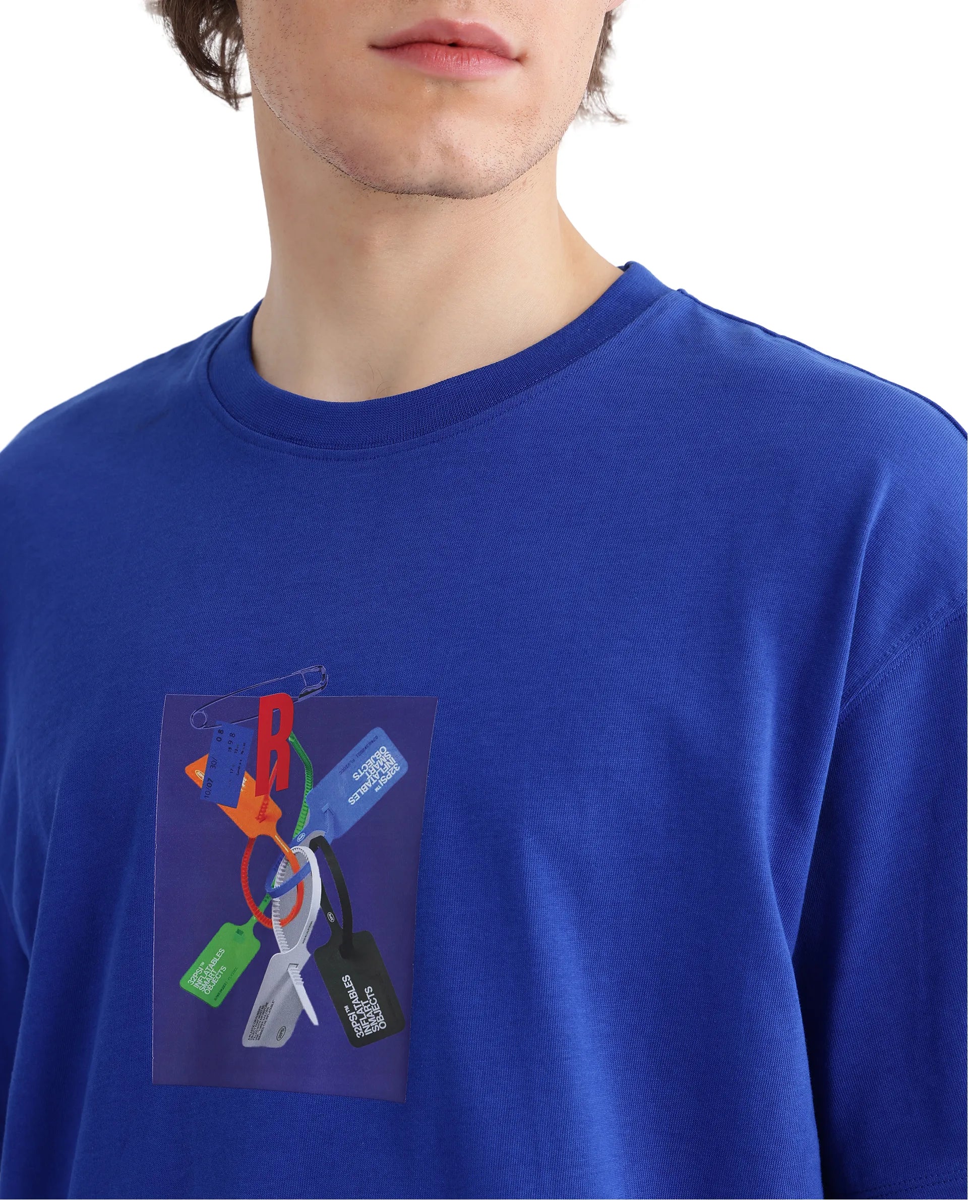 Rare Rabbit Men Just Blue Cotton Fabric Short Sleeve Crew Neck Boxy Fit Graphic Print T-Shirt