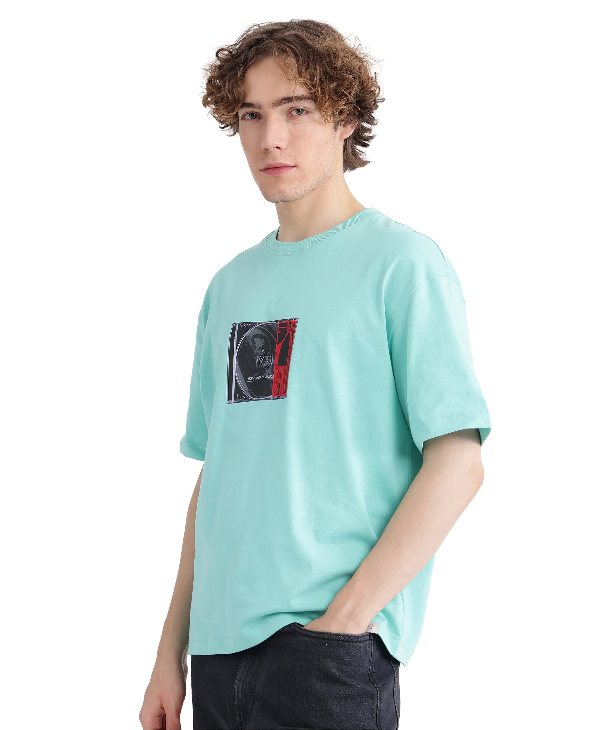 Rare Rabbit Men Just Light Green Cotton Fabric Short Sleeve Crew Neck Graphic Print T-Shirt