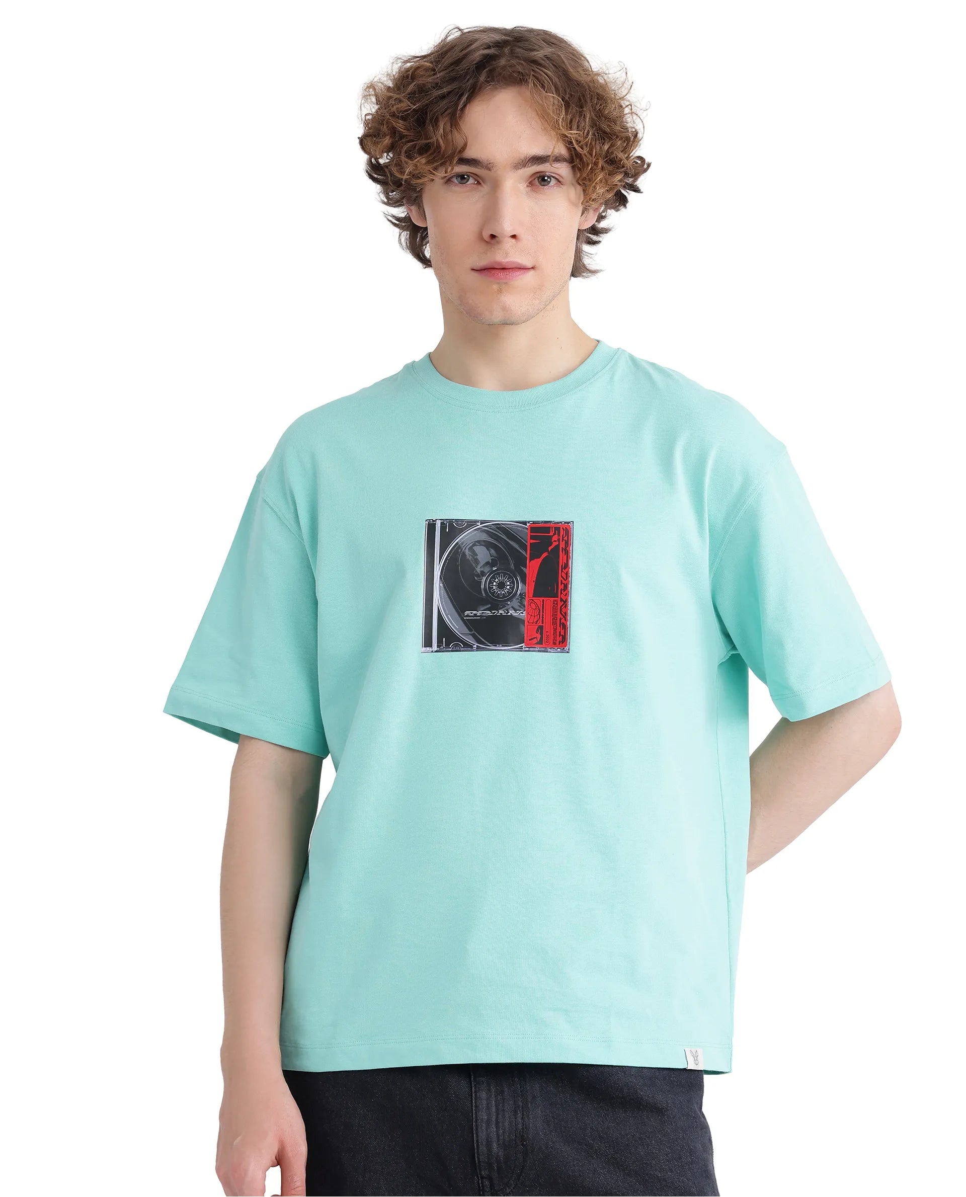 Rare Rabbit Men Just Light Green Cotton Fabric Short Sleeve Crew Neck Graphic Print T-Shirt