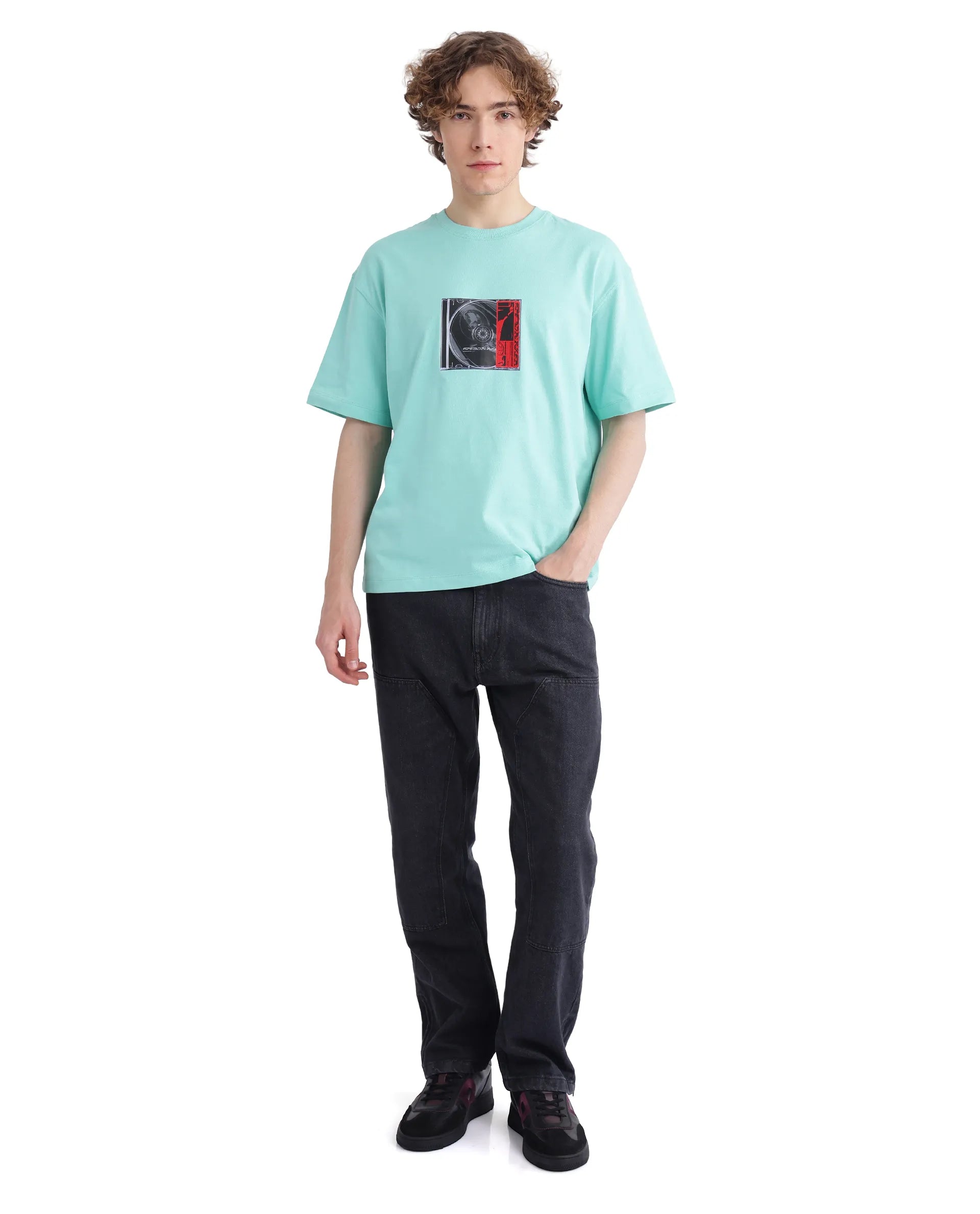 Rare Rabbit Men Just Light Green Cotton Fabric Short Sleeve Crew Neck Graphic Print T-Shirt