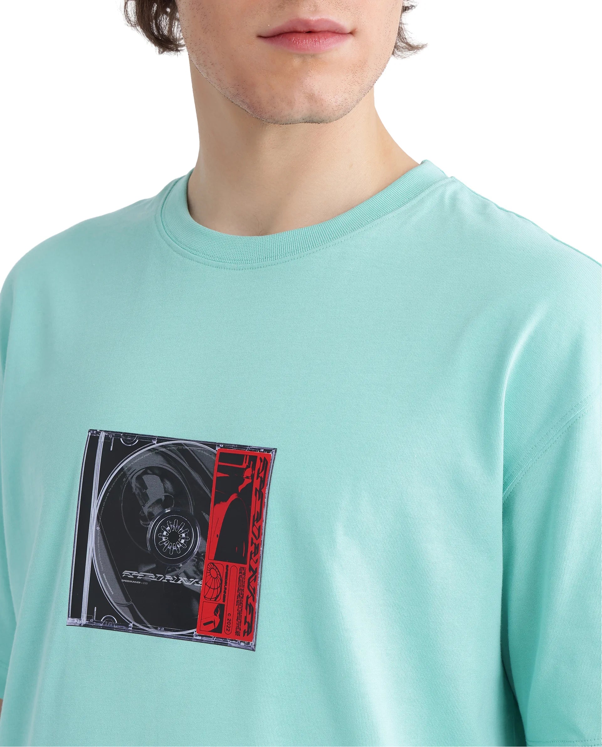 Rare Rabbit Men Just Light Green Cotton Fabric Short Sleeve Crew Neck Graphic Print T-Shirt