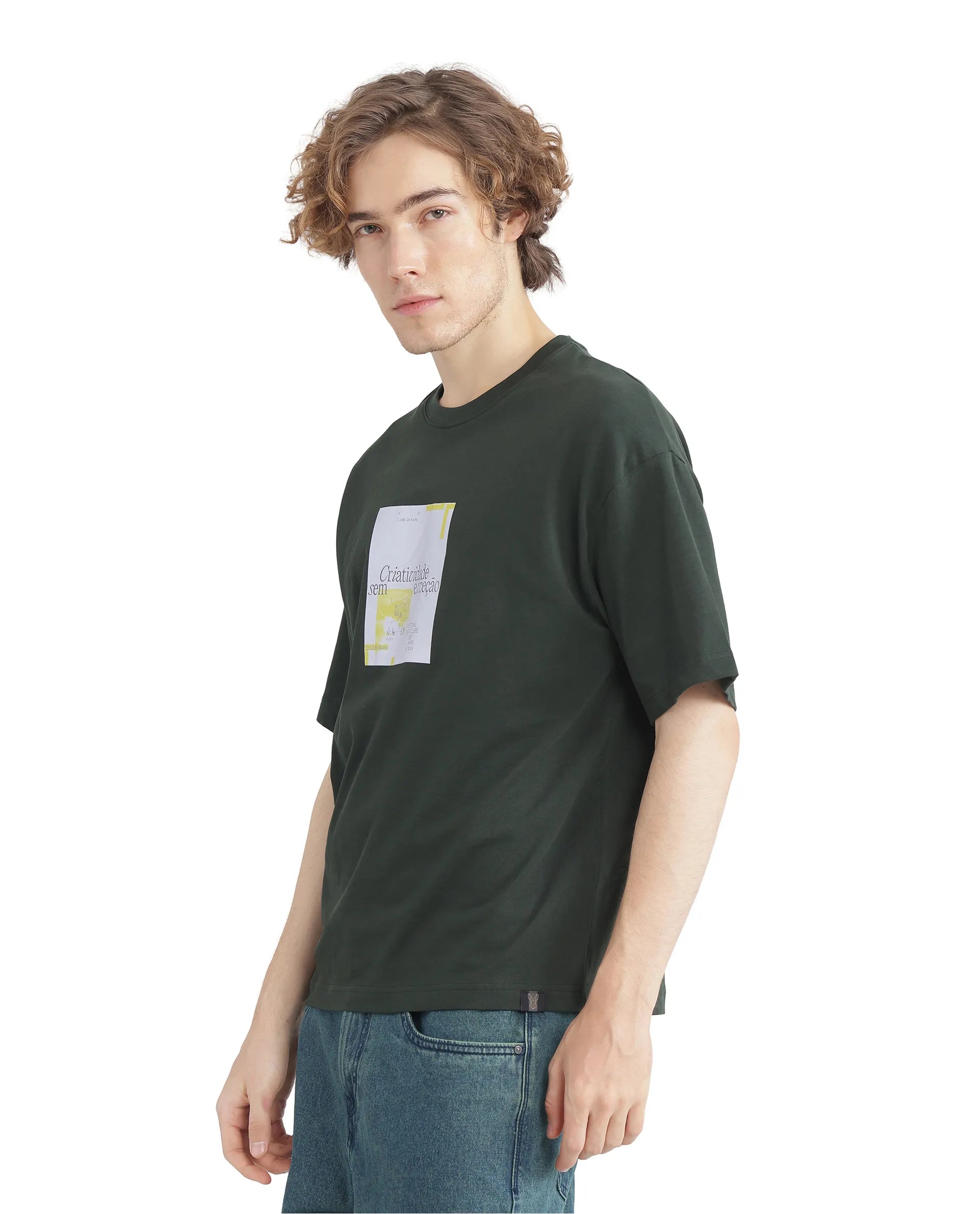 Rare Rabbit Men Justin Dark Olive Cotton Fabric Short Sleeve Crew Neck Graphic Print T-Shirt