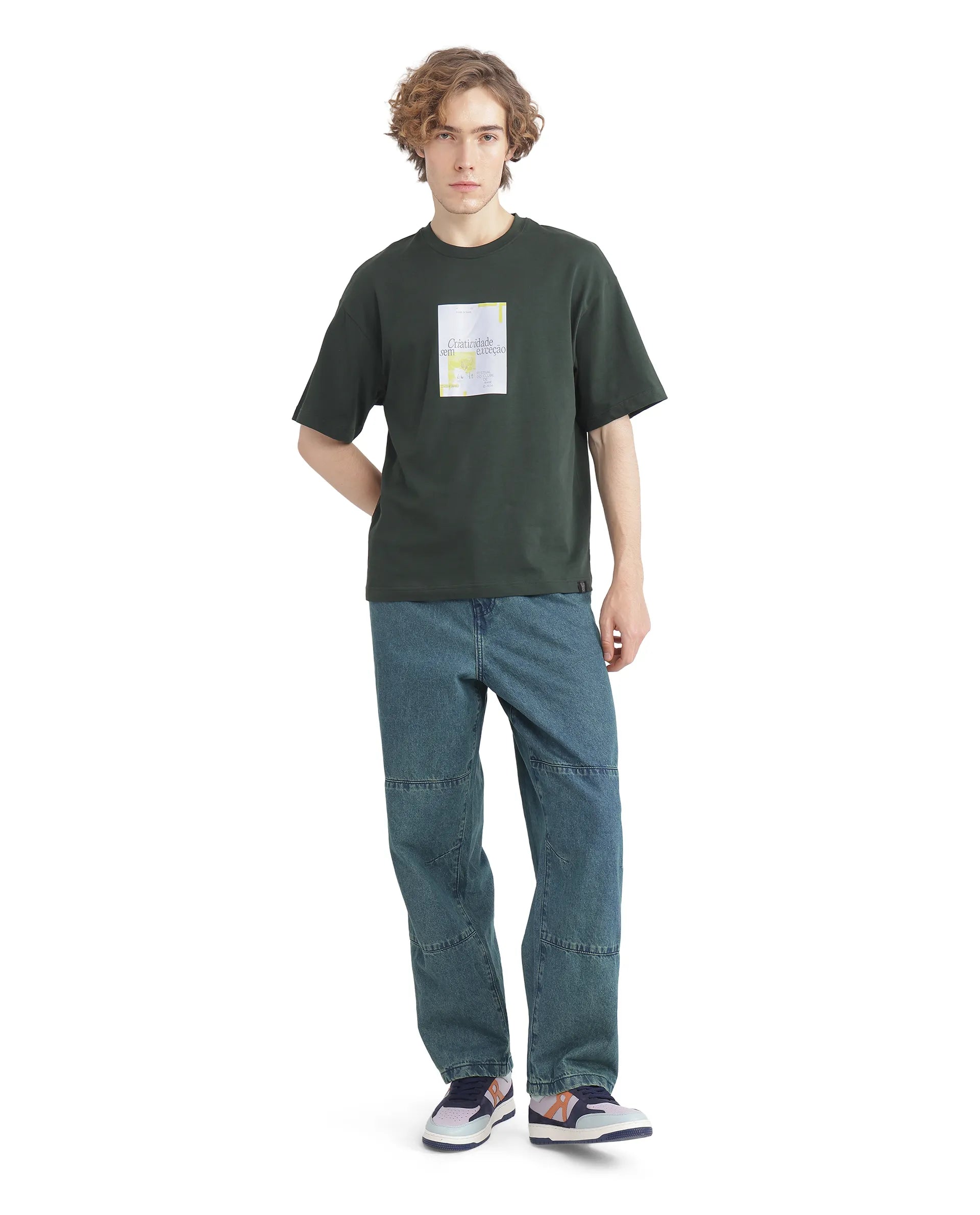 Rare Rabbit Men Justin Dark Olive Cotton Fabric Short Sleeve Crew Neck Graphic Print T-Shirt