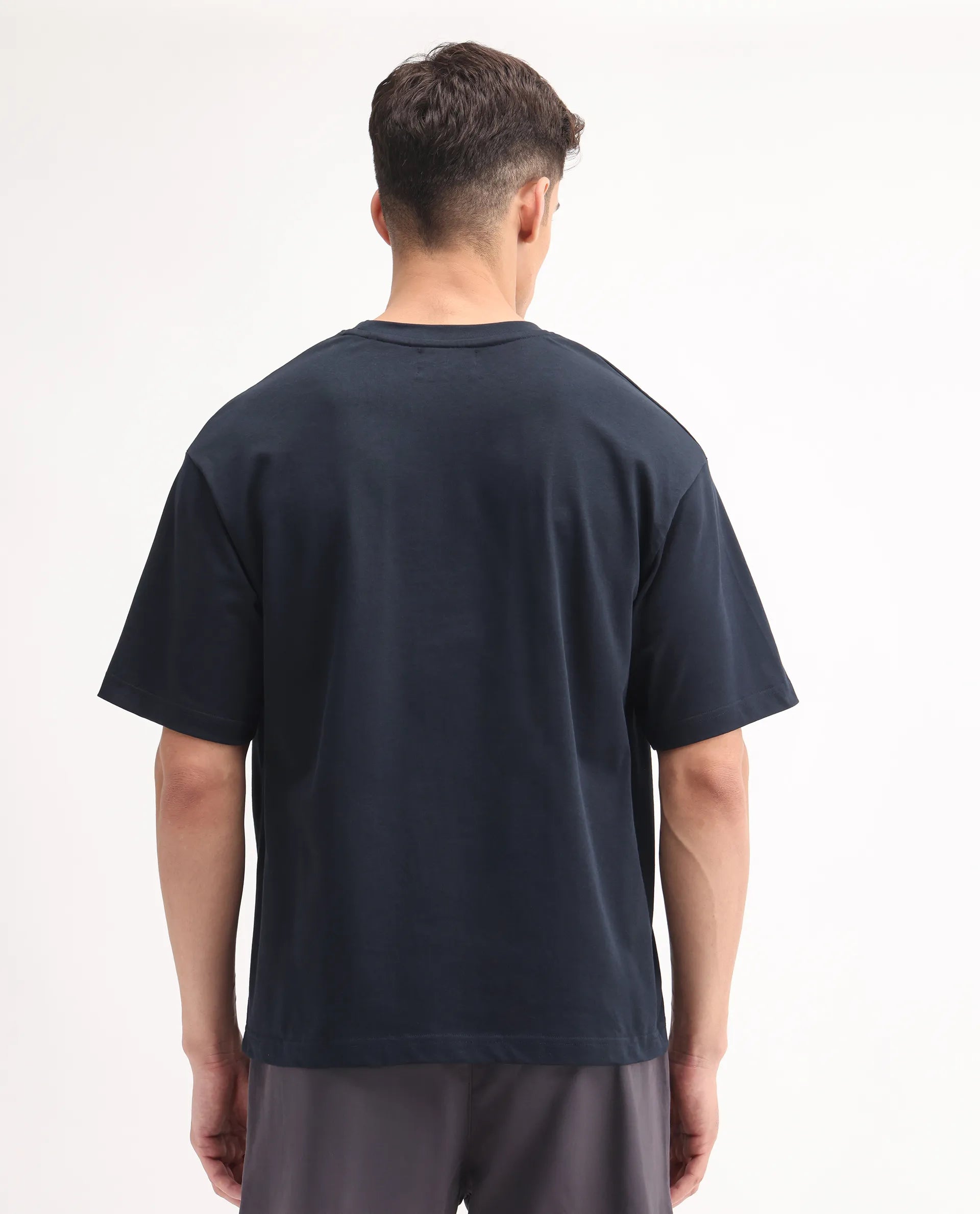 Rare Rabbit Men's Justin Navy Cotton Graphic Print Oversized Fit Half Sleeve Crew Neck T-Shirt